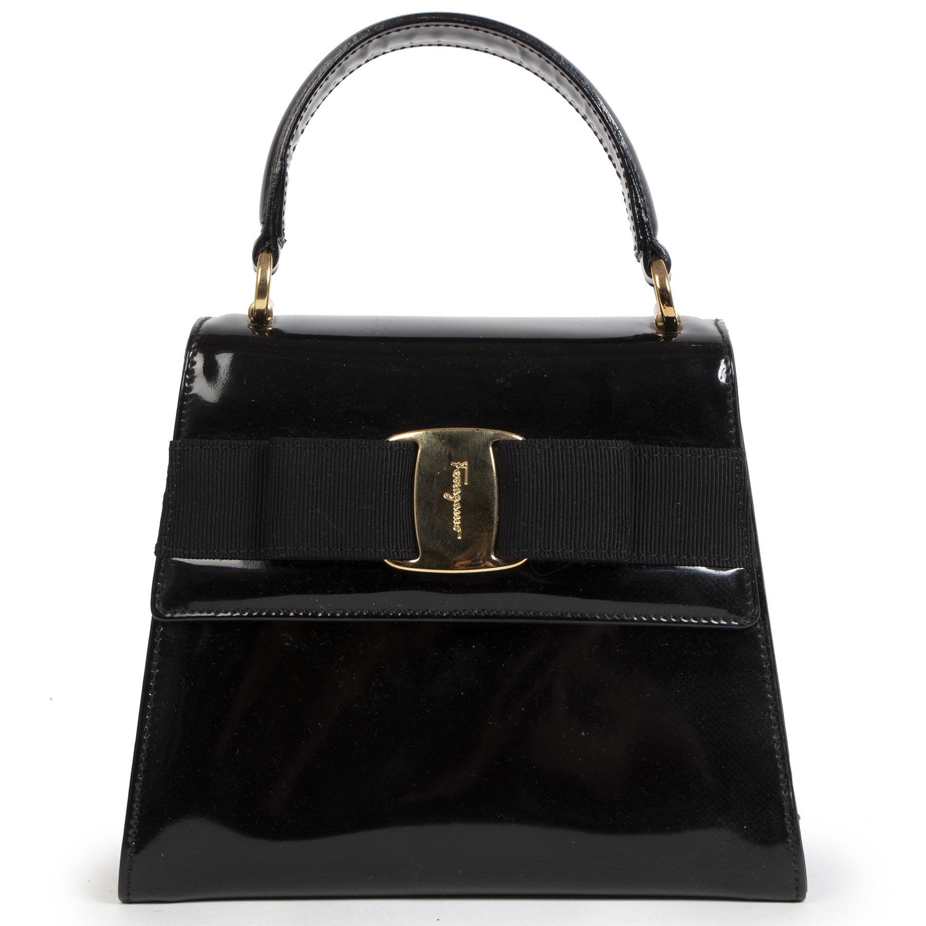 Authentieke Tweedehands Salvatore Ferragamo Vara Bow Patent Leather Bag juiste prijs veilig online shoppen luxe merken webshop winkelen Antwerpen België mode fashion