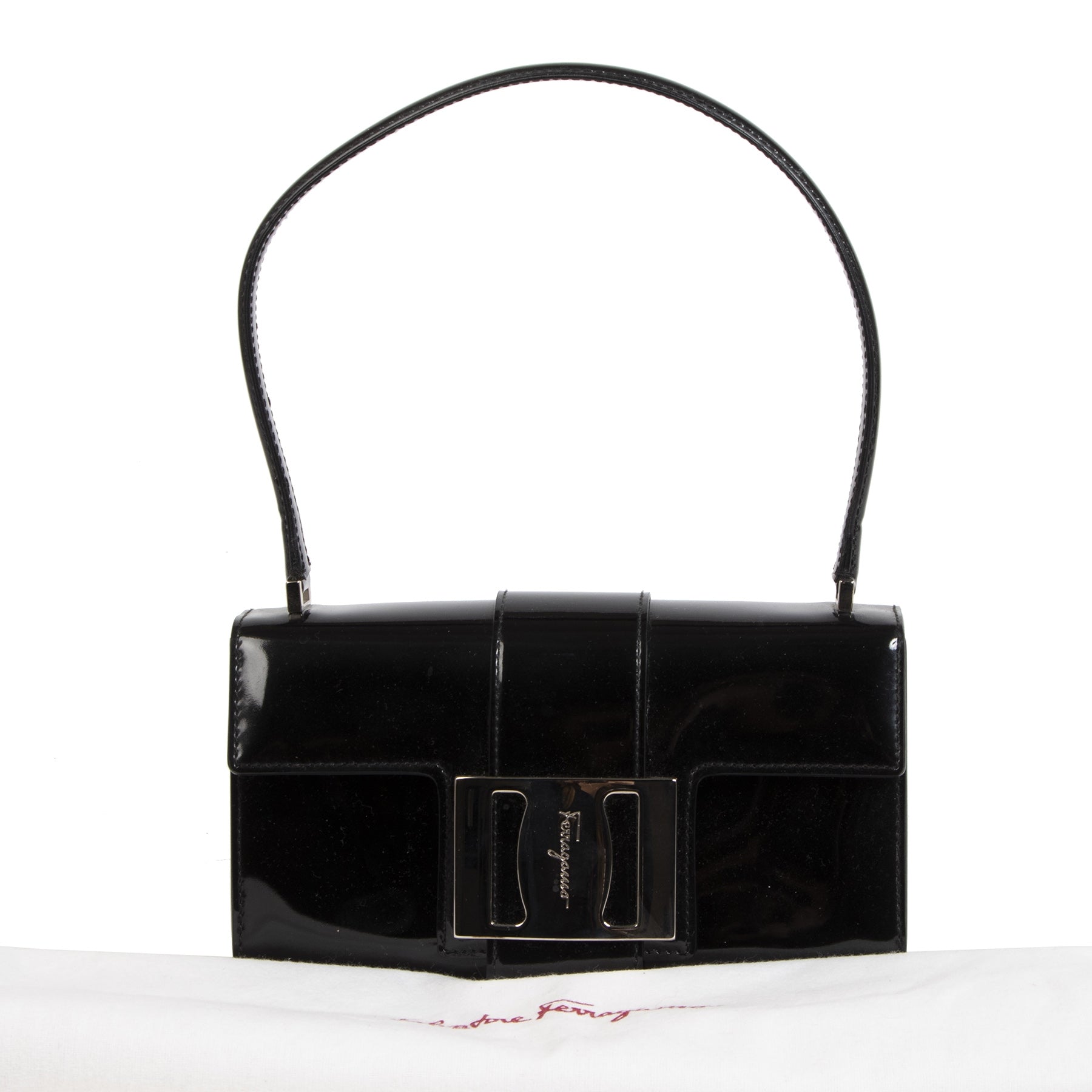 Authentieke Tweedehands Salvatore Ferragamo Black Patent Leather Bag juiste prijs veilig online shoppen luxe merken webshop winkelen Antwerpen België mode fashion