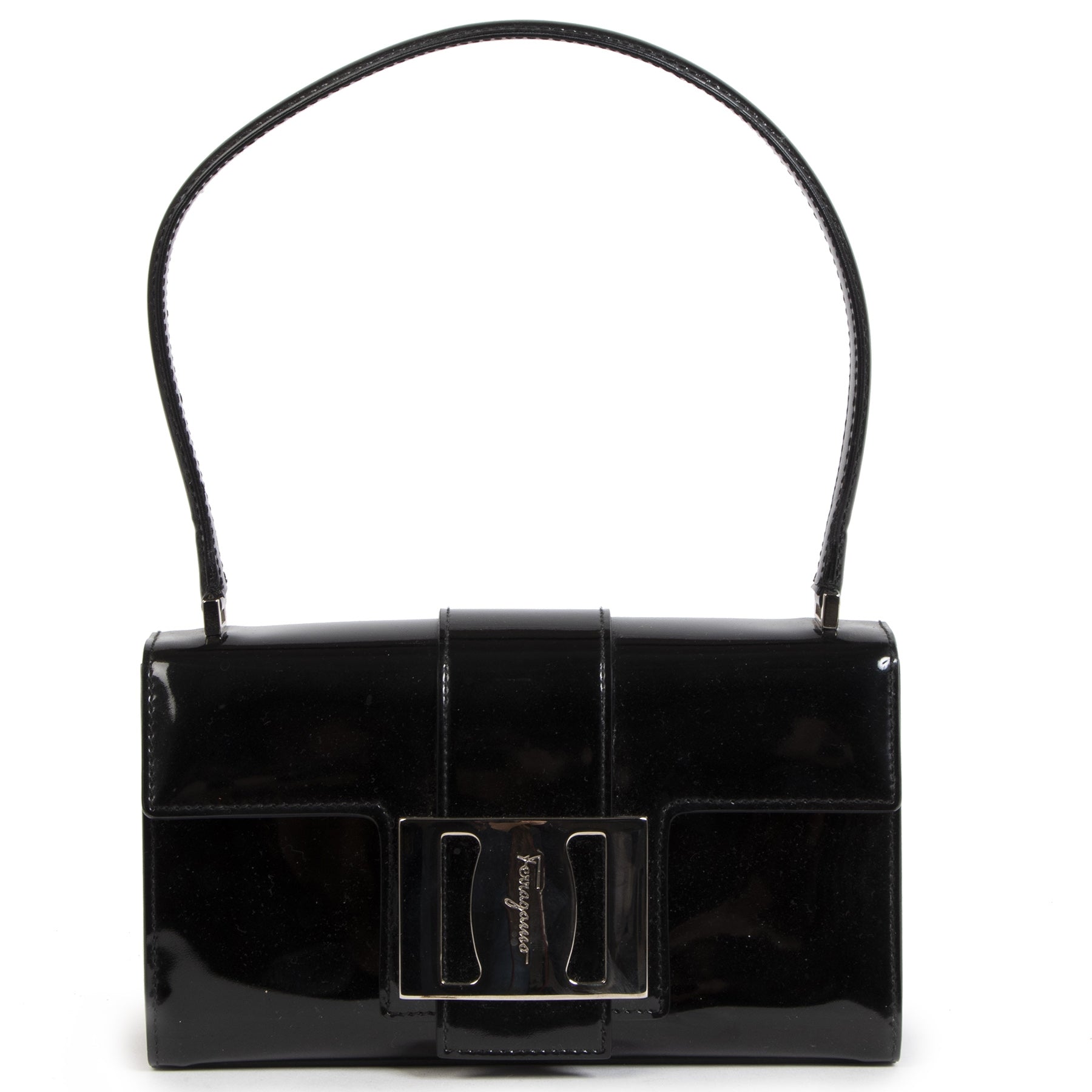 Authentieke Tweedehands Salvatore Ferragamo Black Patent Leather Bag juiste prijs veilig online shoppen luxe merken webshop winkelen Antwerpen België mode fashion