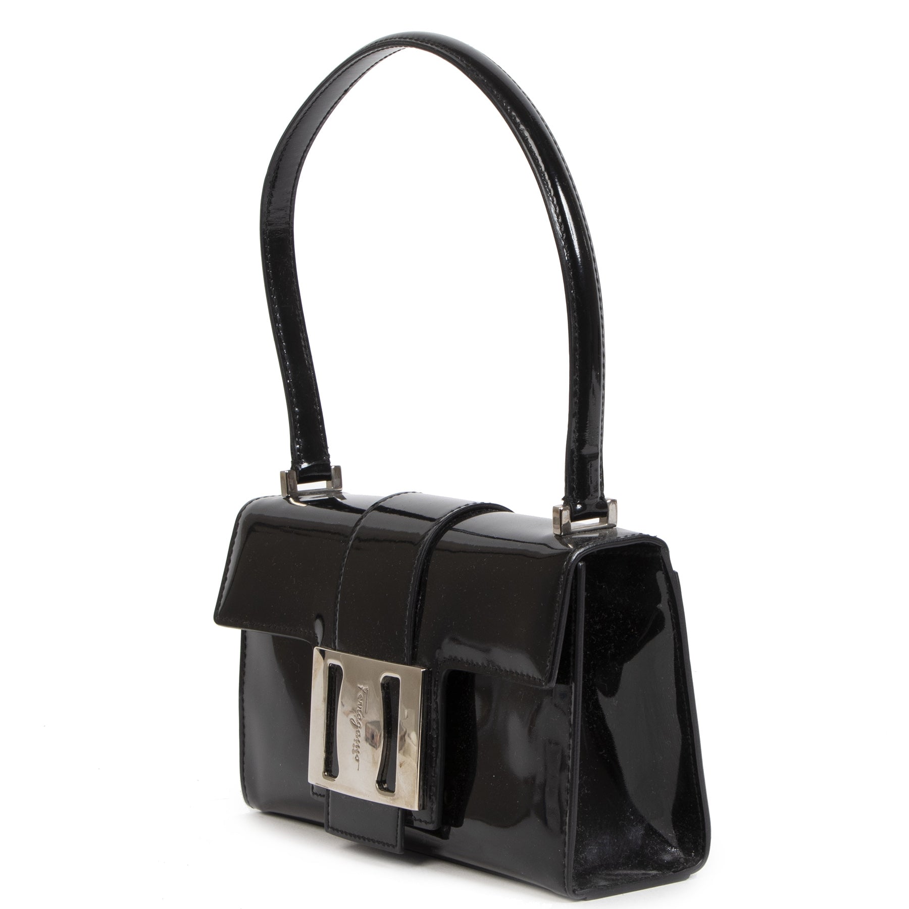 Authentieke Tweedehands Salvatore Ferragamo Black Patent Leather Bag juiste prijs veilig online shoppen luxe merken webshop winkelen Antwerpen België mode fashion