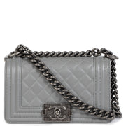 Chanel Grey Quilted Leather Small Boy Flap Bag for the best price at Labellov secondhand luxury in Antwerp