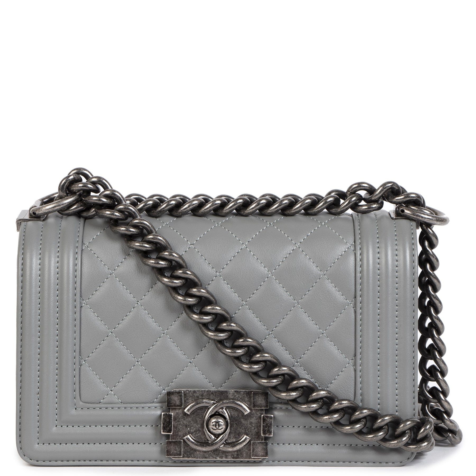 Chanel Grey Quilted Leather Small Boy Flap Bag for the best price at Labellov secondhand luxury in Antwerp