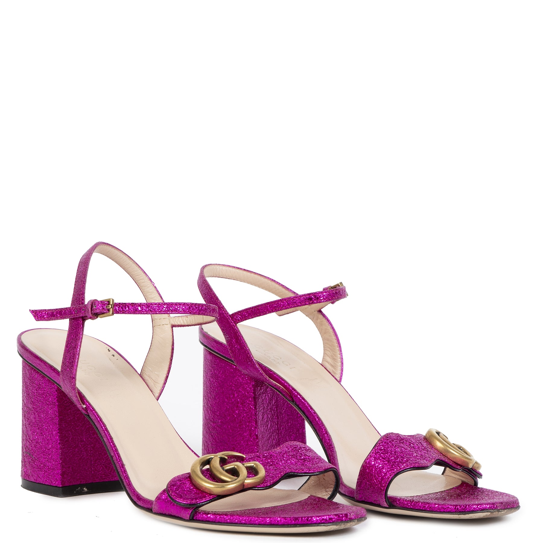 Authentieke Tweedehands Gucci Purple Metallic Mid Heel leather Sandal - Size 38 1/2 juiste prijs veilig online shoppen luxe merken webshop winkelen Antwerpen België mode fashion