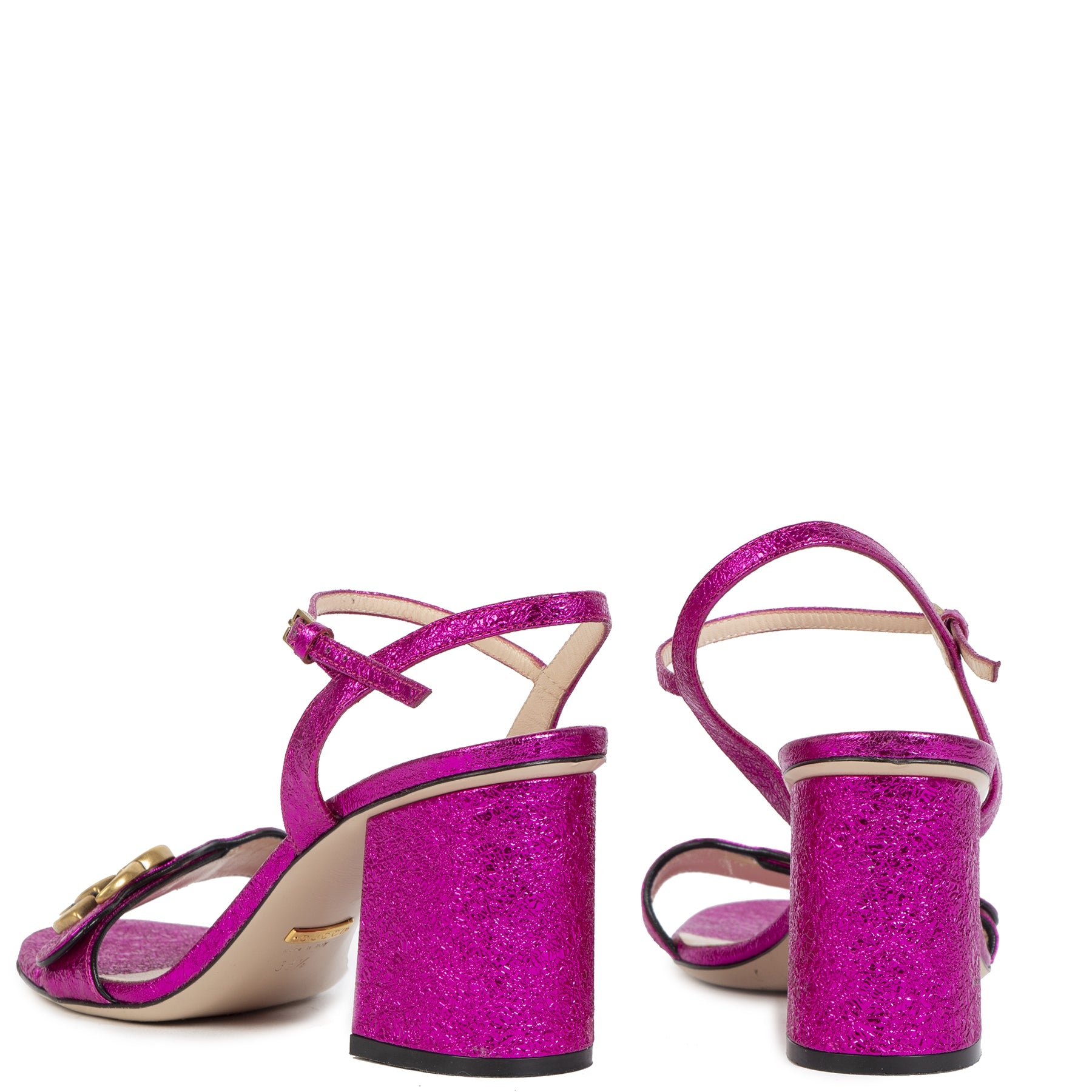 Authentieke Tweedehands Gucci Purple Metallic Mid Heel leather Sandal - Size 38 1/2 juiste prijs veilig online shoppen luxe merken webshop winkelen Antwerpen België mode fashion