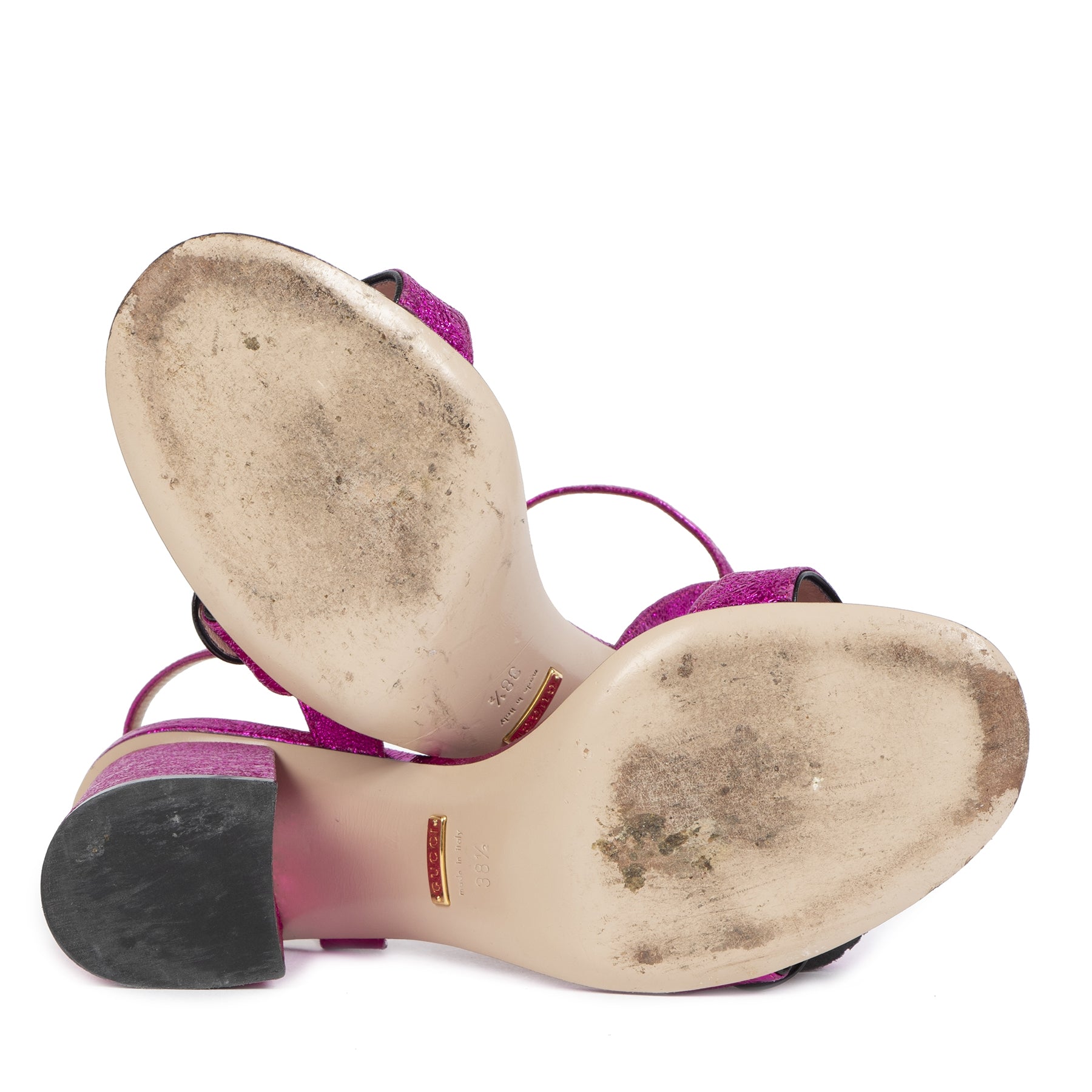 Authentic secondhand Gucci Purple Metallic Mid Heel leather Sandal buy online at the right price webshop designer luxury bags accessories shoes heels