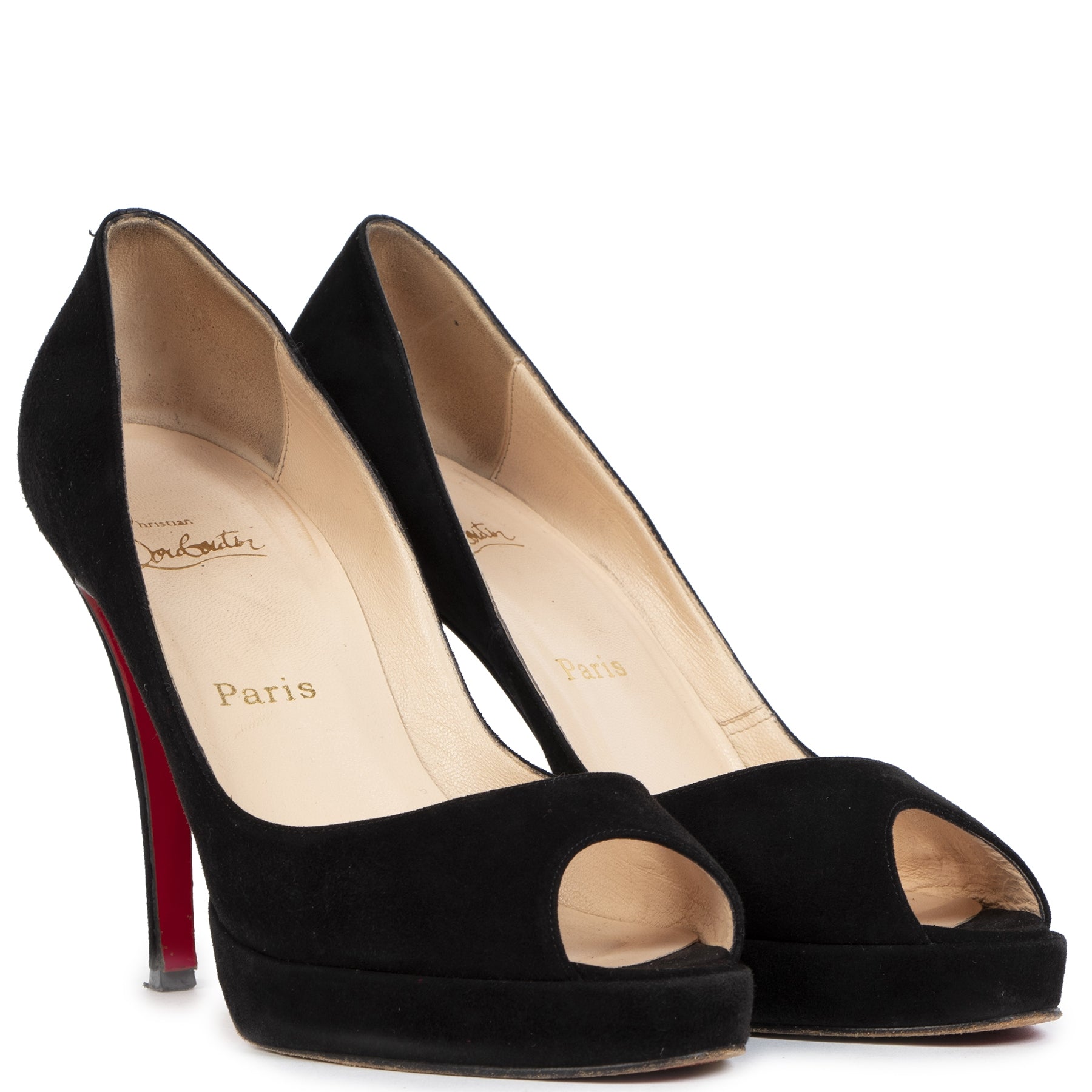 Authentieke Tweedehands Christian Louboutin Black Suede Peep Toe Pumps - size 39 1/2 juiste prijs veilig online shoppen luxe merken webshop winkelen Antwerpen België mode fashion