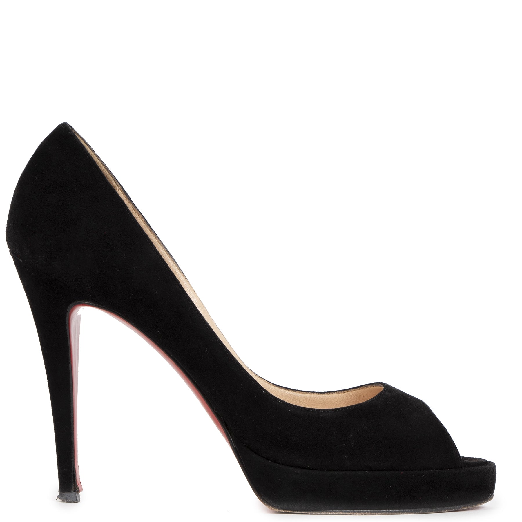 Authentieke Tweedehands Christian Louboutin Black Suede Peep Toe Pumps - size 39 1/2 juiste prijs veilig online shoppen luxe merken webshop winkelen Antwerpen België mode fashion