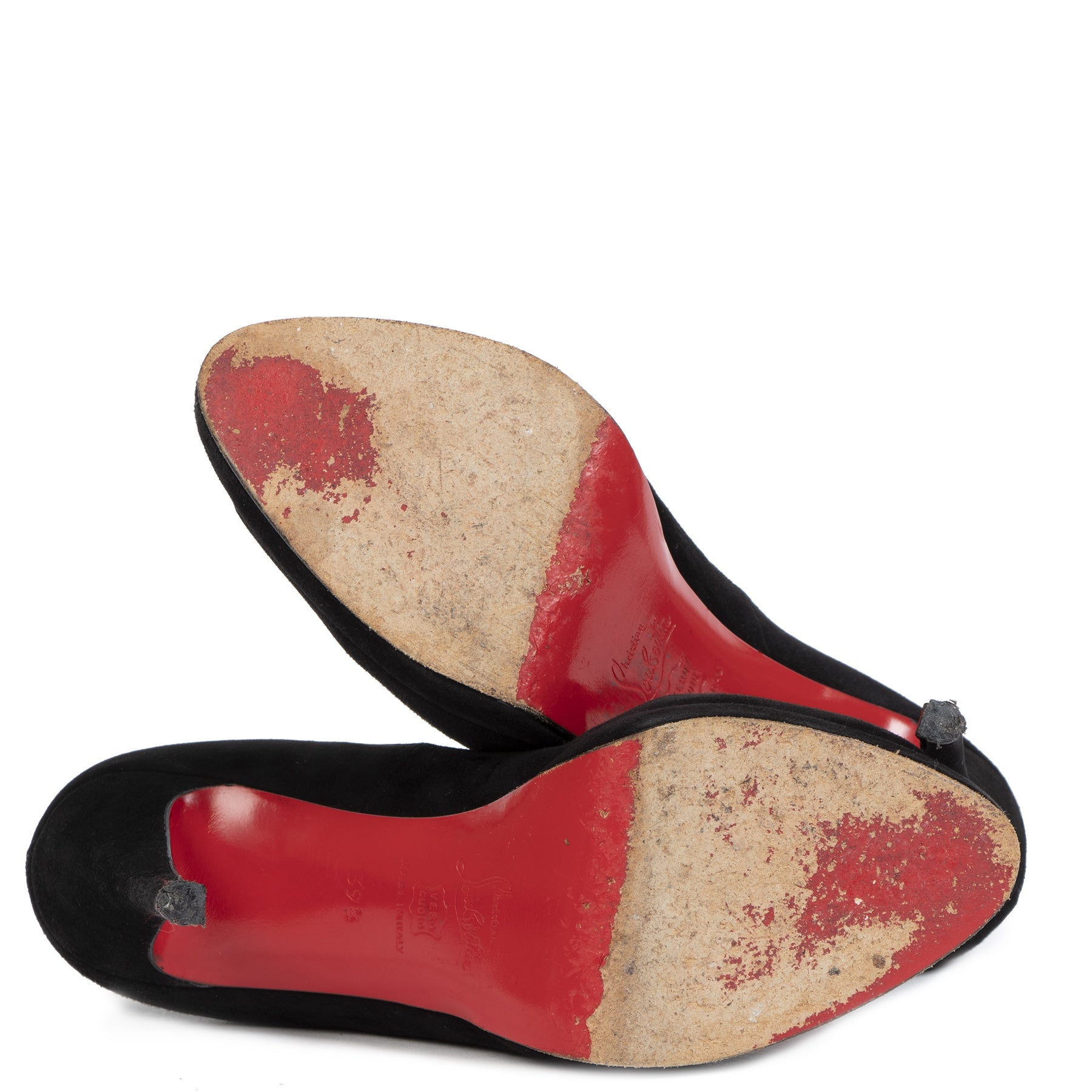 Authentic secondhand Christian Louboutin Black Suede Peep Toe Pumps - size 39 1/2 safe and secure online shopping designer bags luxury designer shoes designer high heels designer pumps designer accessories worldwide shipping fashion vintage webshop