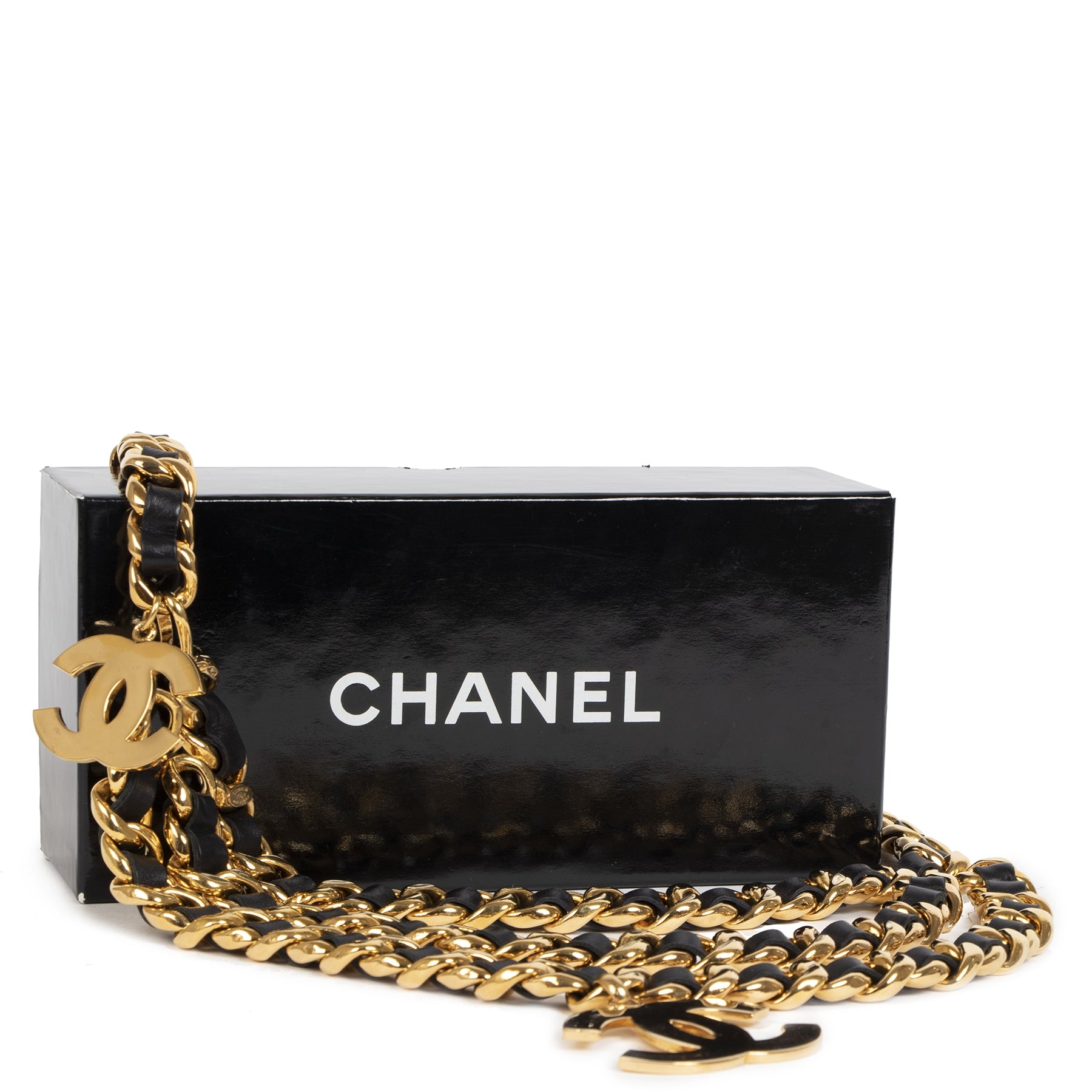 Authentic secondhand Chanel Black Leather Gold Metal Chain Oversized CC Belt - size 90 juiste prijs veilig online shoppen luxe merken webshop winkelen Antwerpen België mode fashion