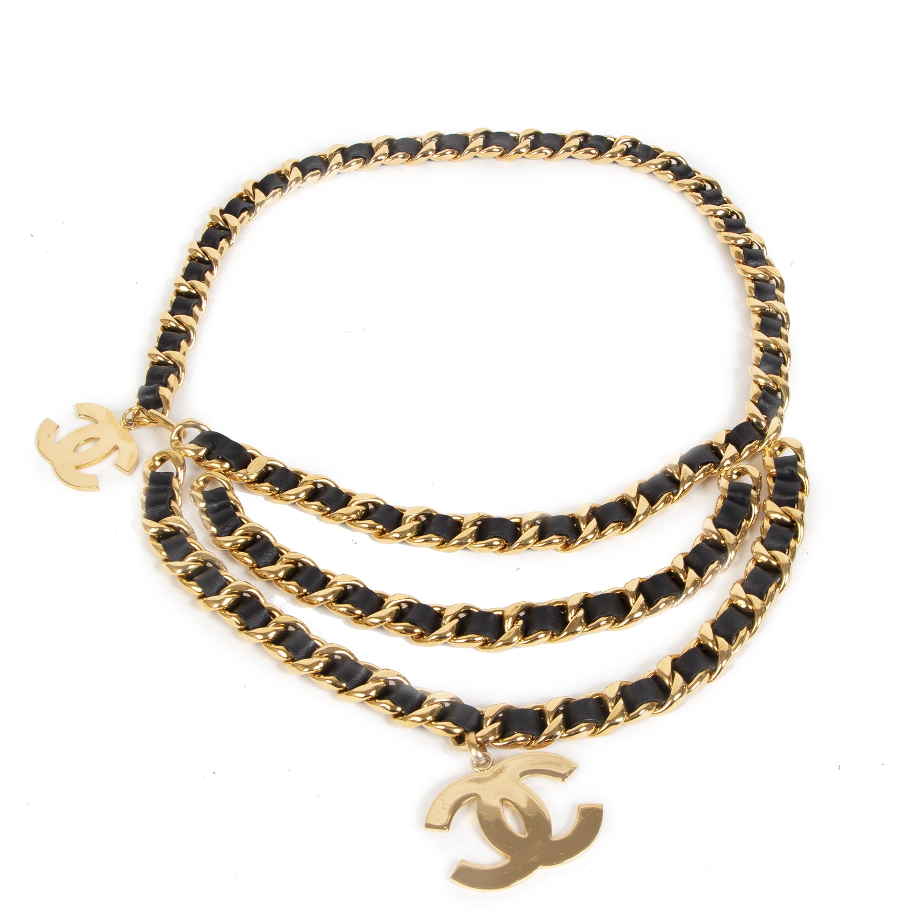 Authentic secondhand Chanel Black Leather Gold Metal Chain Oversized CC Belt - size 90 designer luxury bags accessories belts vintage webshop safe secure online shopping fashion order online worldwide shipping