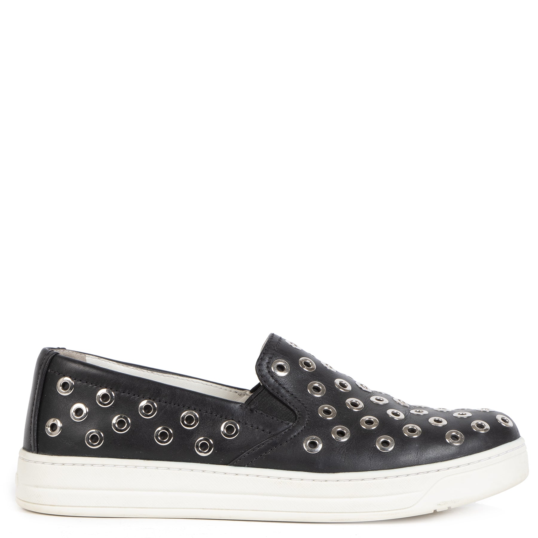 Authentic secondhand Prada Black Slip On Sneakers Silver Studs - size 36 right price safe and secure online shopping designer bags designer accessories designer sneakers shoes vintage webshop fashion worldwide shipping