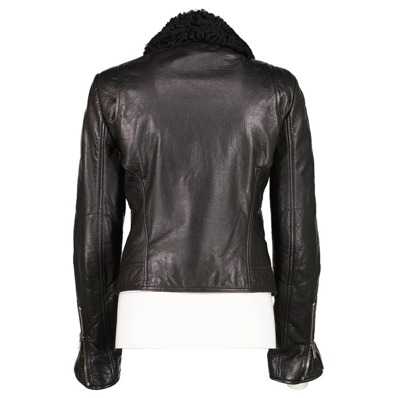 Balenciaga Black Fur Collar Leather Biker Jacket
