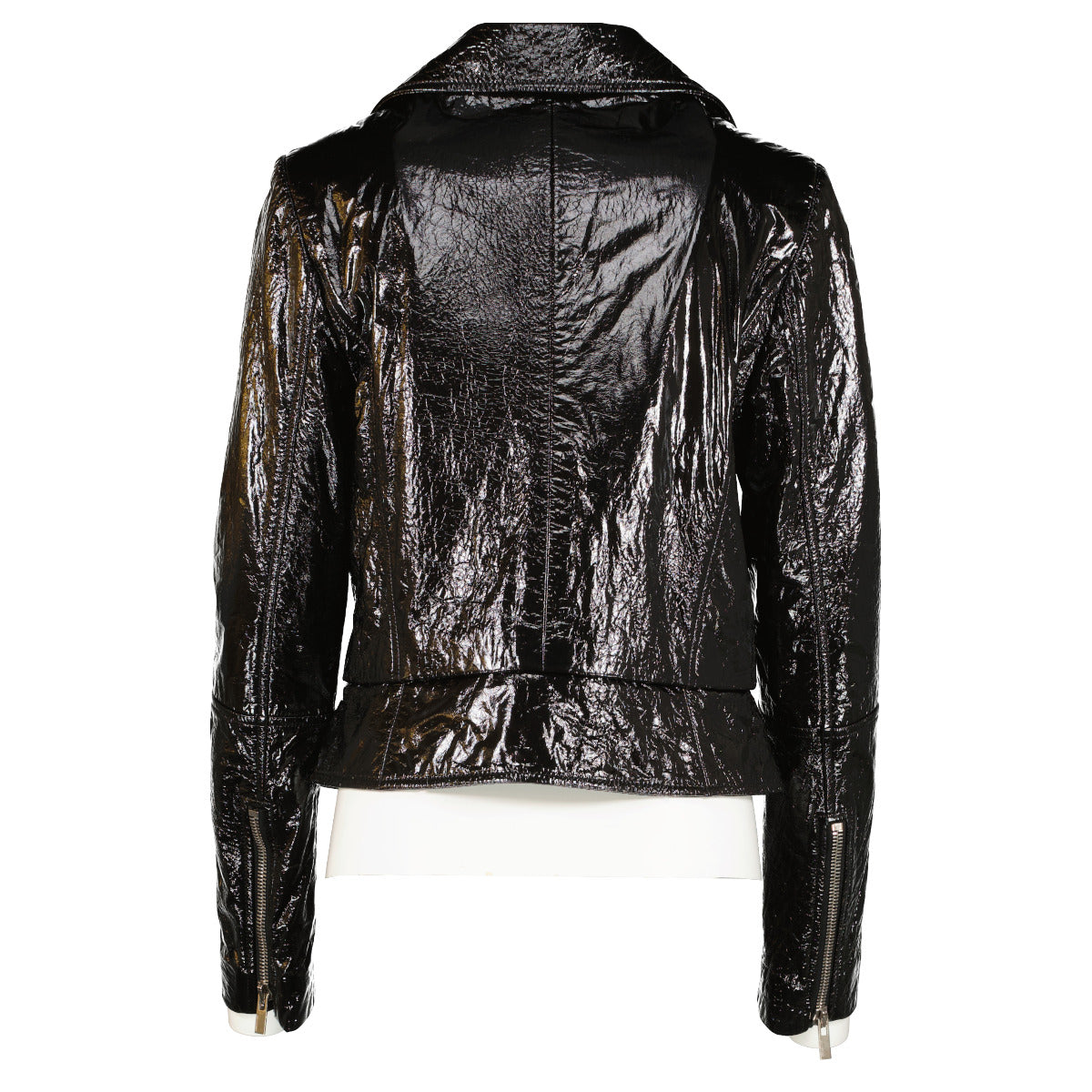 Blouson de motard Balenciaga en cuir verni noir froissé - FR38