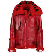 Shop safe online at Labellov in Antwerp, Brussels and Knokke this 100% authentic second hand Balenciaga Red Leather Bombardier Oversized Shearling Jacket - Size 34