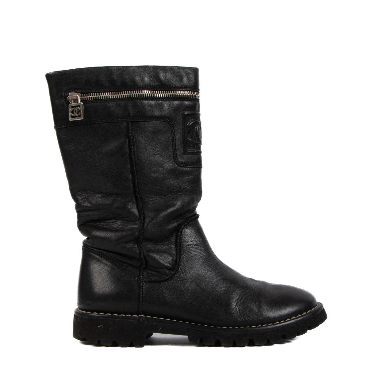 Buy real authentic Chanel Black Leather CC Zipper Biker Boots safe online at Labellov.com