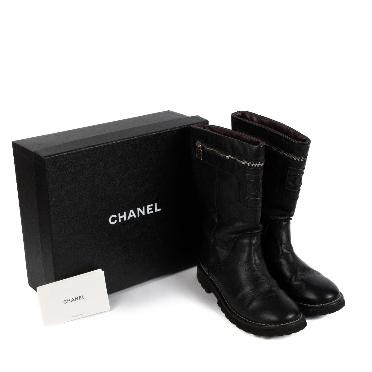 Buy real authentic Chanel Black Leather CC Zipper Biker Boots safe online at Labellov.com