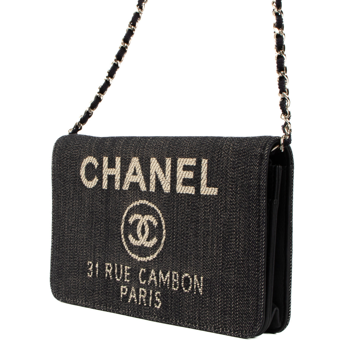 Sac porte-cartes/portefeuille à chaîne Chanel en jean bleu 31 Rue Cambon