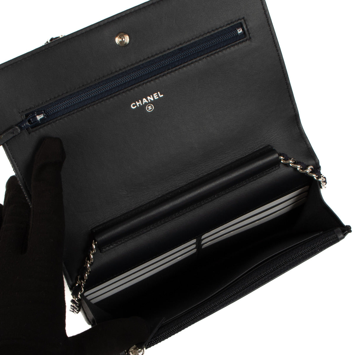 Sac porte-cartes/portefeuille à chaîne Chanel en jean bleu 31 Rue Cambon