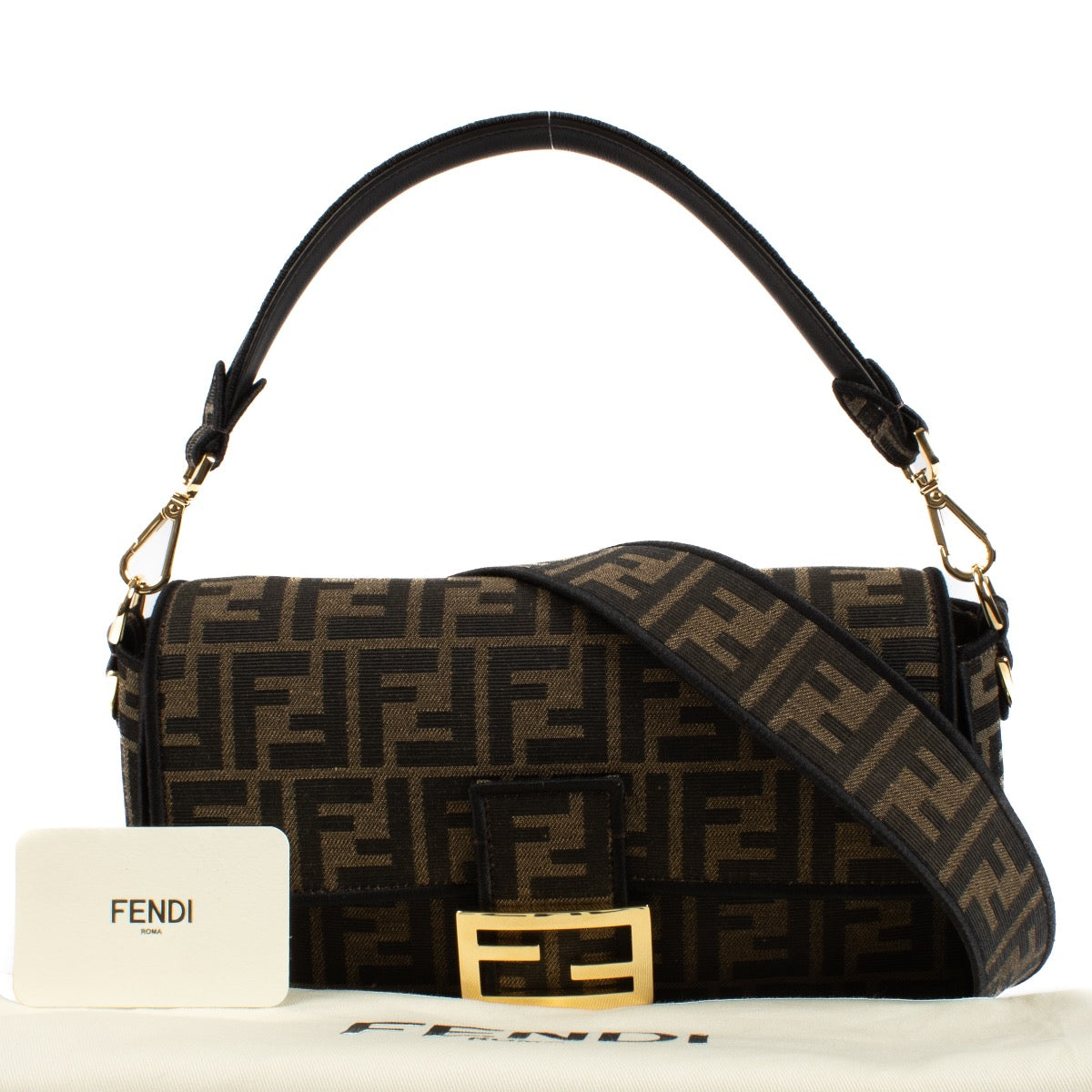 shop 100% authentic second hand Fendi Brown FF Logo Fabric Baguette Bag on Labellov.com