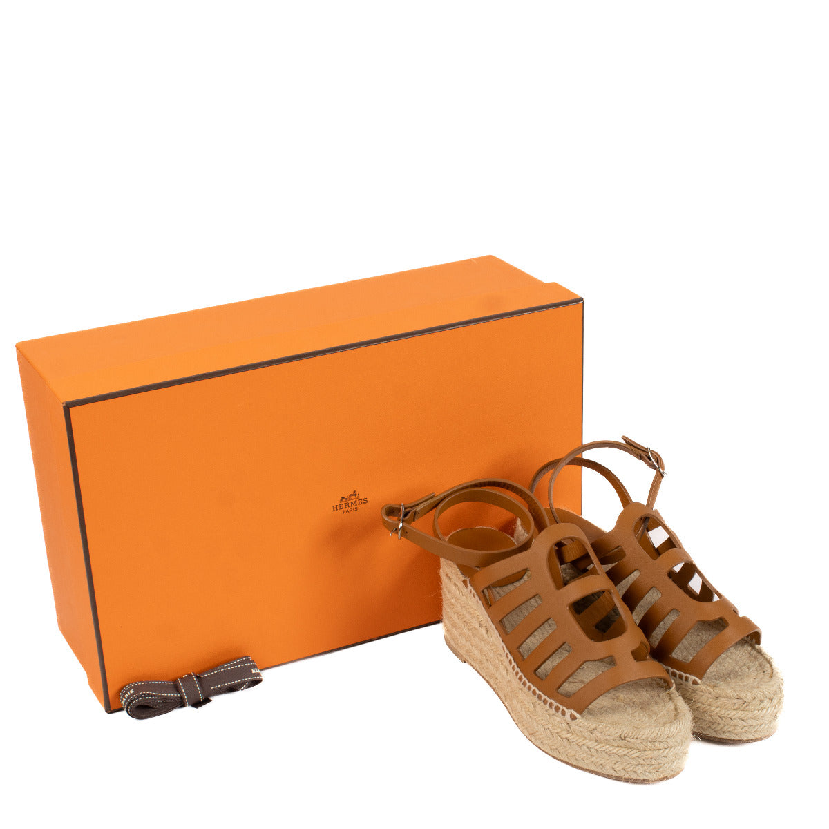 Hermès Tan Calfskin Catalya Espadrille Wedges - size 36