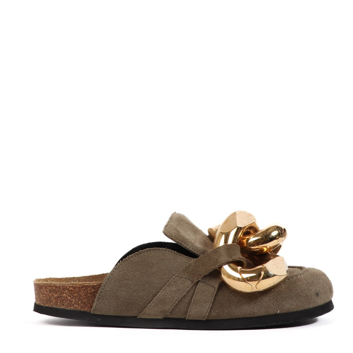 Buy an authentic pair of second hand JW Anderson Olive Chain Loafer Suede Leather Mules - Size 37 in very good condition at Labellov.com