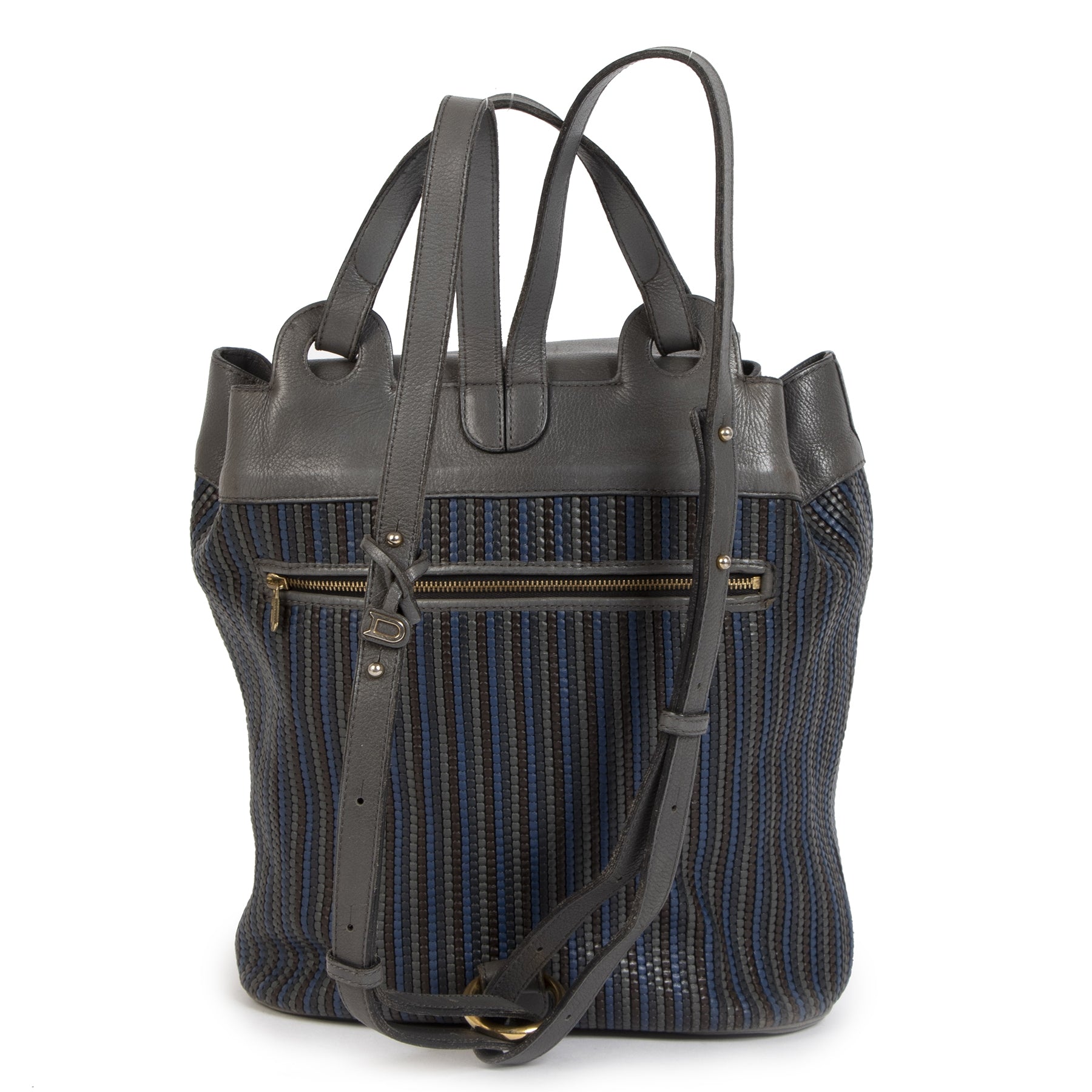 Authentic Delvaux Toile De Cuir Blue Grey Backpack at the right price secondhand online safe and secure webshop LabelLOV luxury brand Antwerp Belgium