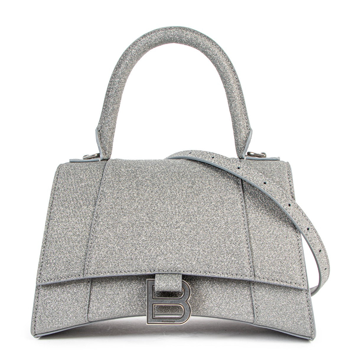 Exclusive and sold out collectors Balenciaga Hourglass Small Silver Glitter Bag for the best price at Labellov secondhand luxury
