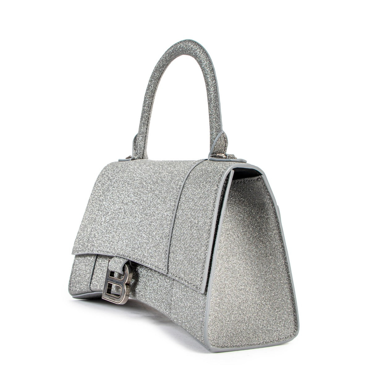 Exclusive and sold out collectors Balenciaga Hourglass Small Silver Glitter Bag for the best price at Labellov secondhand luxury