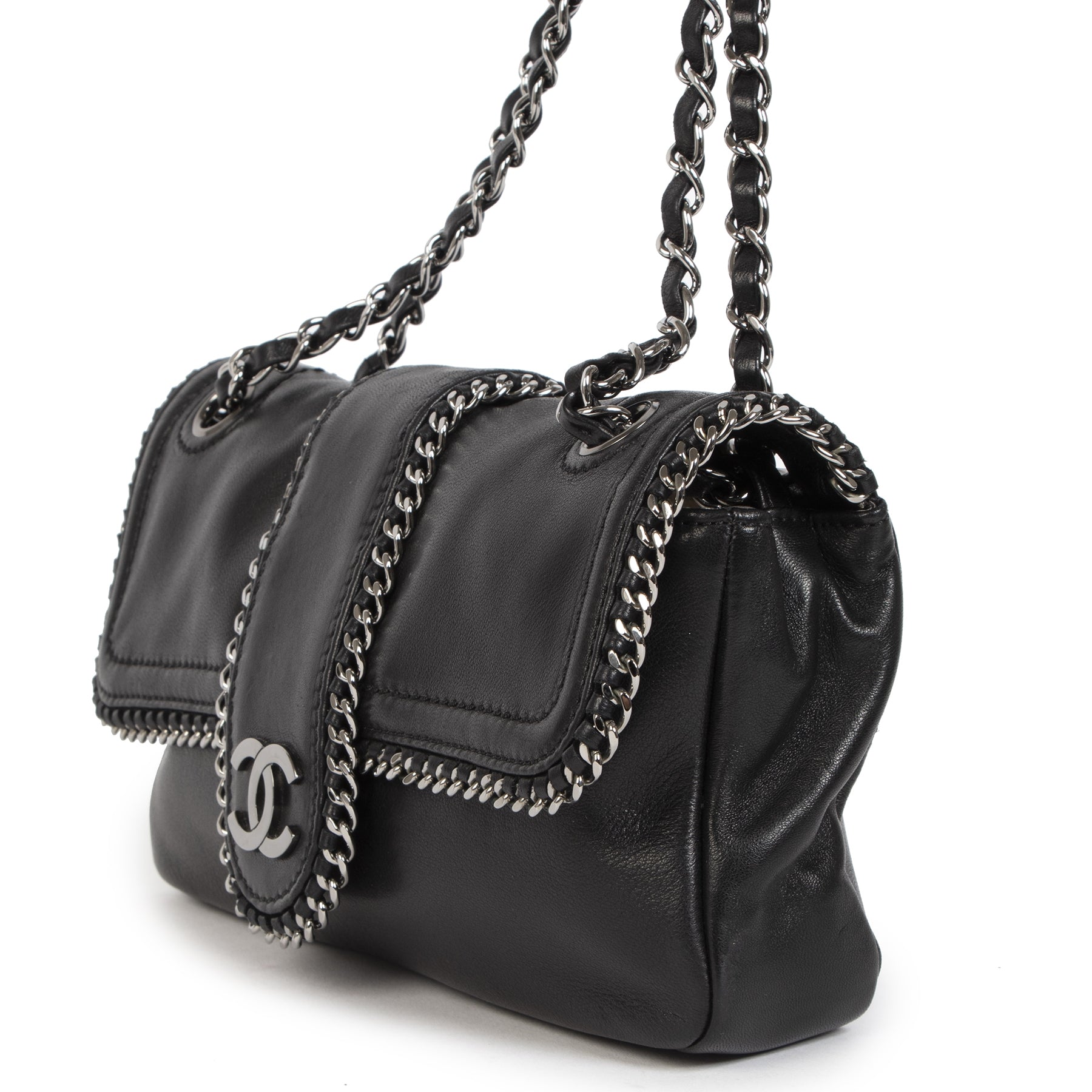 Authentieke Tweedehands Chanel Black Leather Medium Madison Flap Bag juiste prijs veilig online shoppen luxe merken webshop winkelen Antwerpen België mode fashion