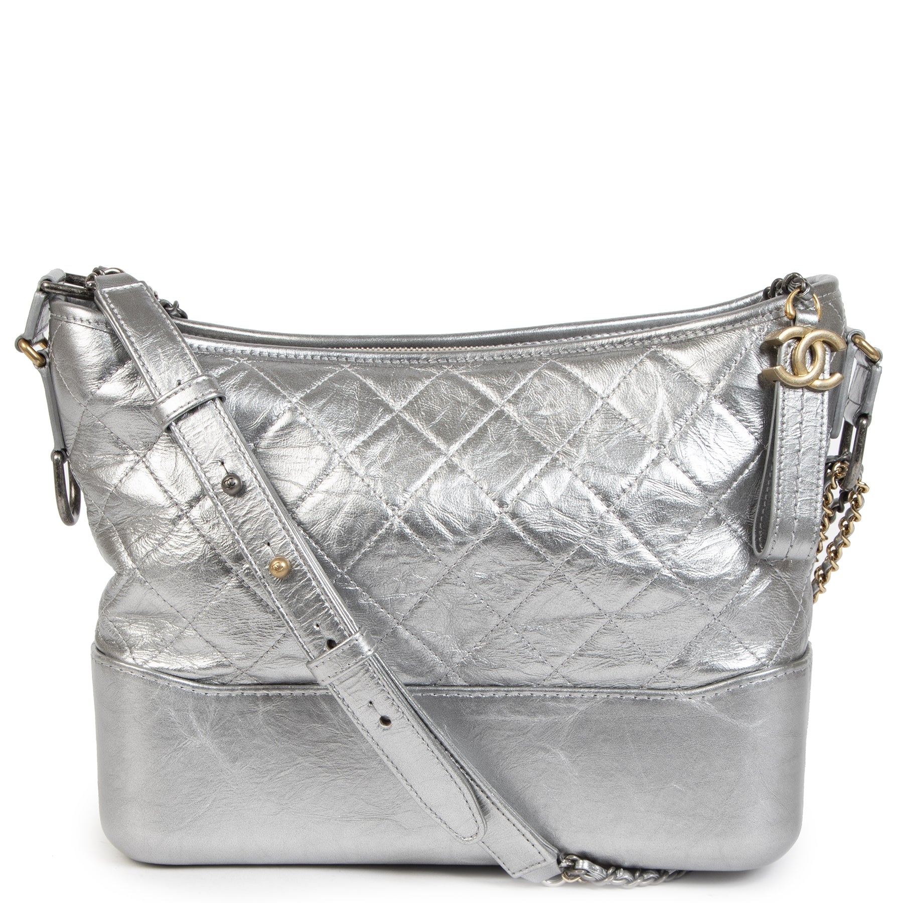Chanel Gabrielle Silver Metallic Aged Calfskin Medium Hobo Bag
