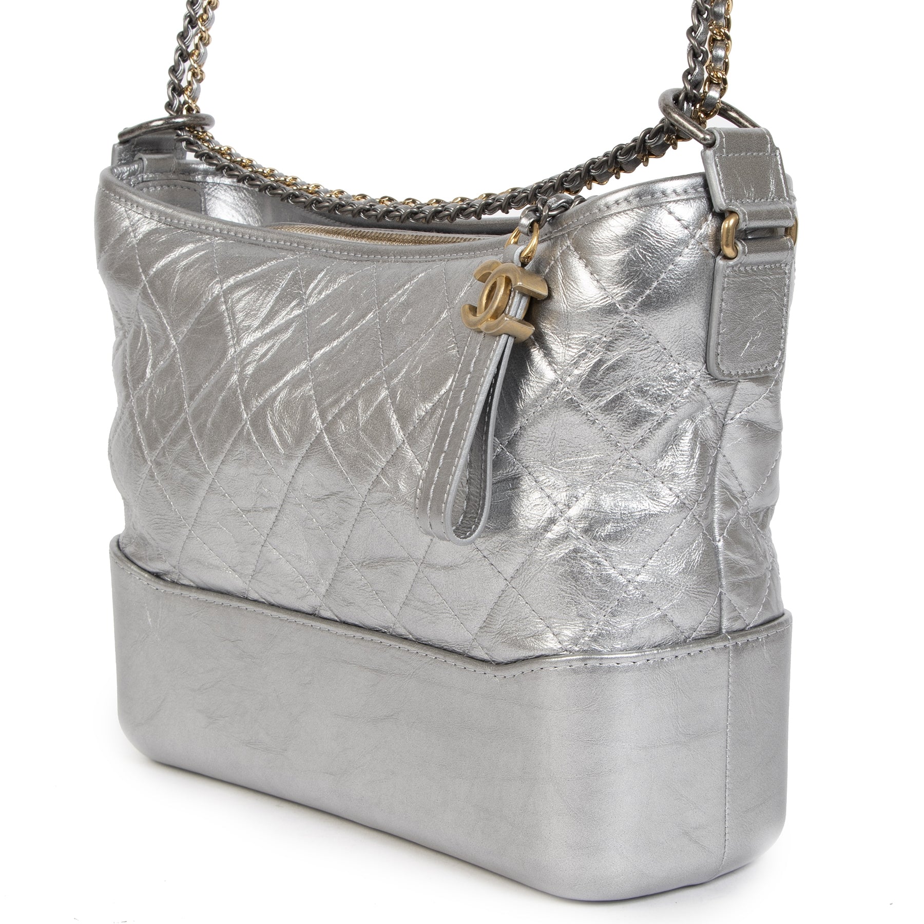 Chanel Gabrielle Silver Metallic Aged Calfskin Medium Hobo Bag