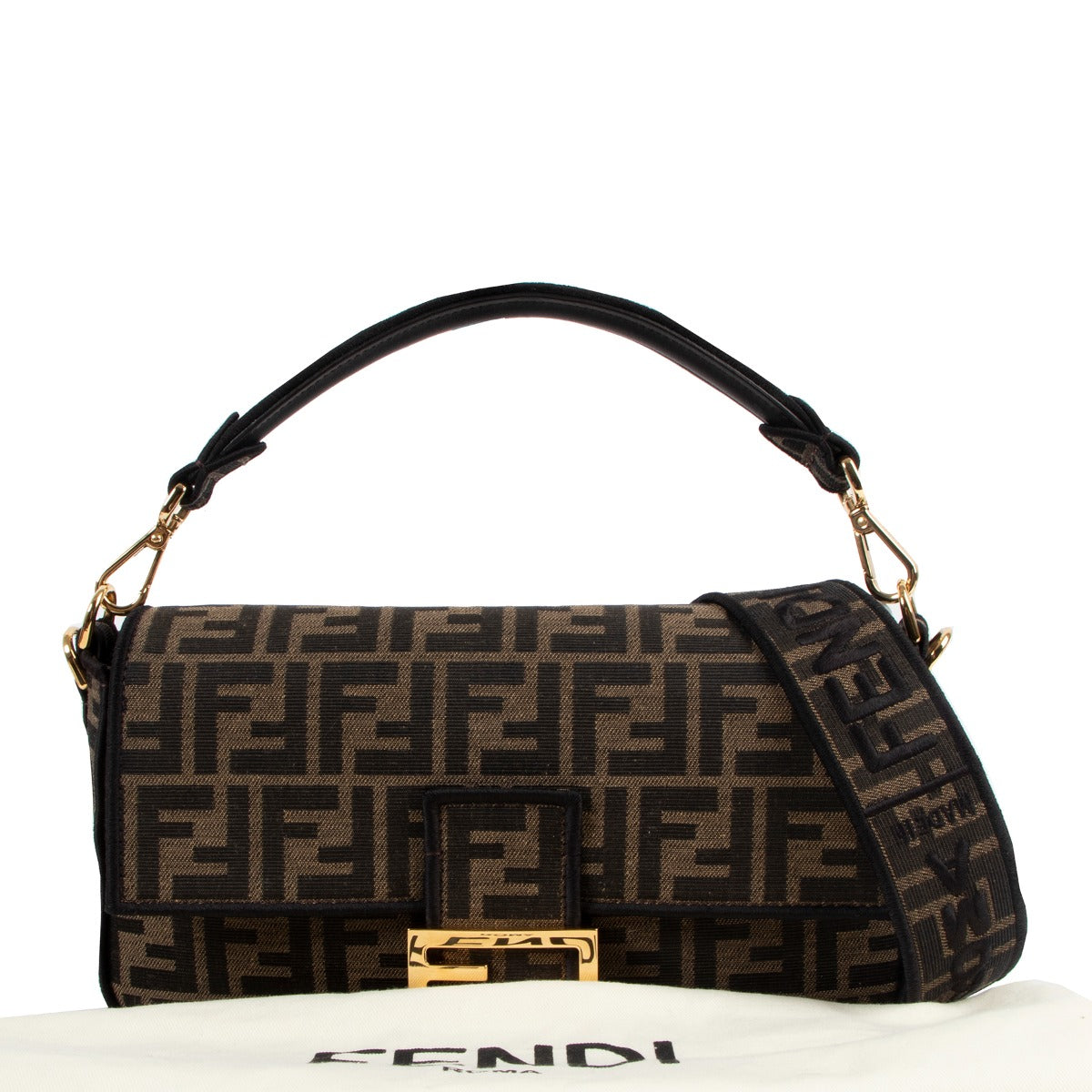 Medium Fendi Logo Brown Fabric Baguette Bag in FF logo for the best price secondhand available at Labellov. Buy and sell with confidence and ease online and with worldwide shipping.