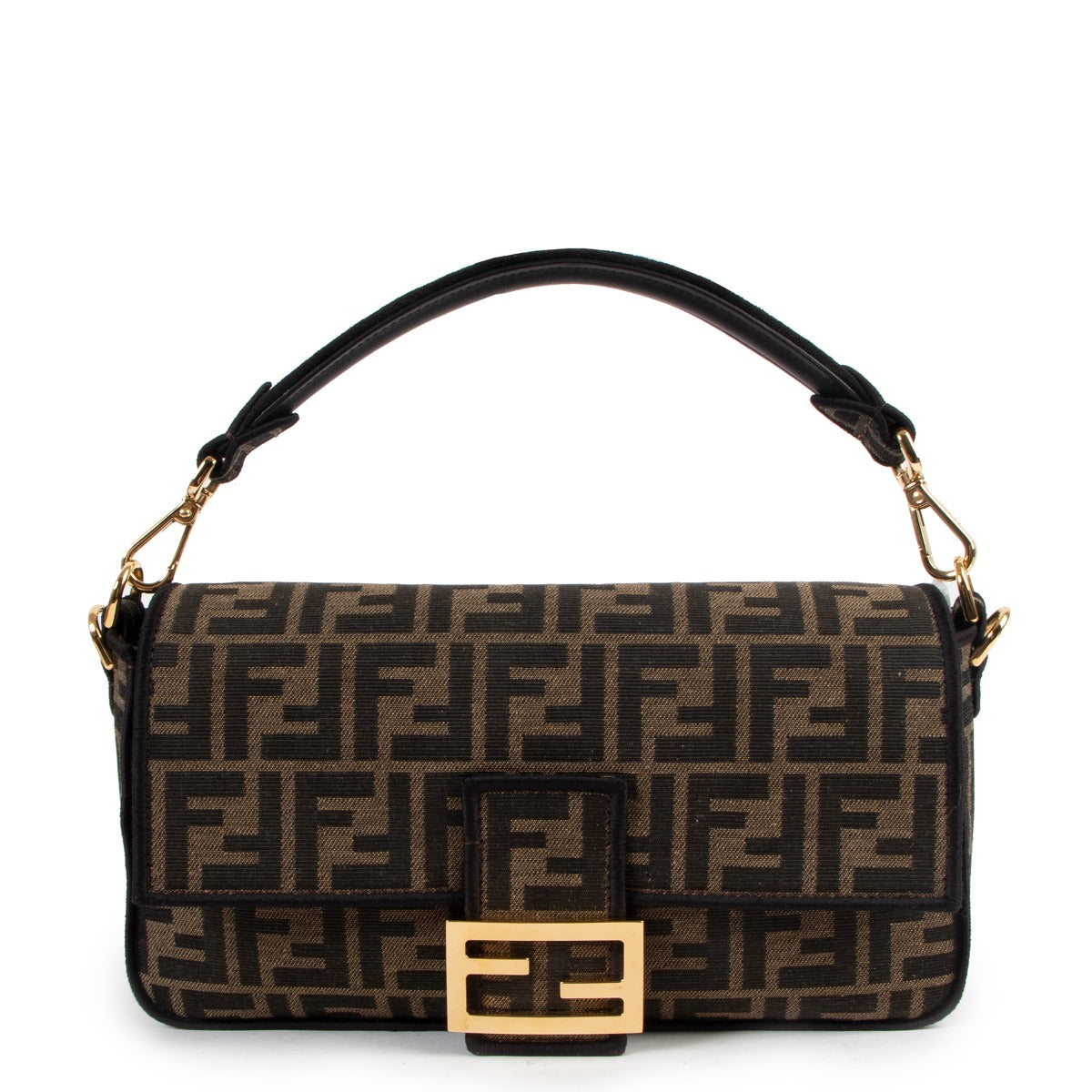 Medium Fendi Logo Brown Fabric Baguette Bag in FF logo for the best price secondhand available at Labellov. Buy and sell with confidence and ease online and with worldwide shipping.