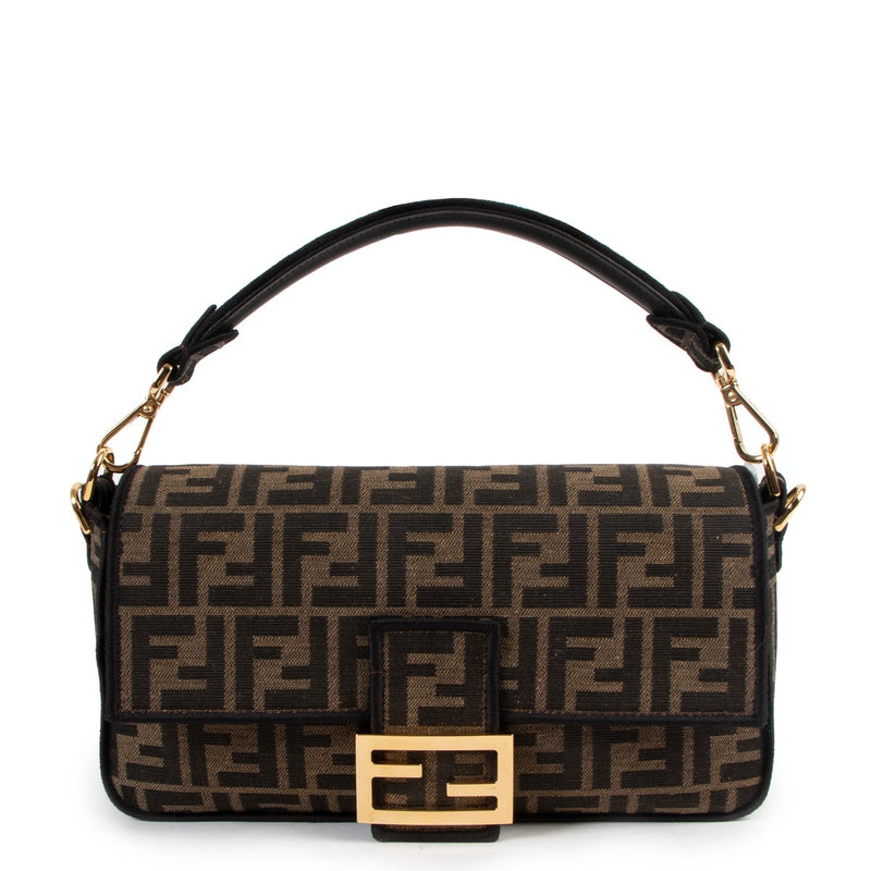 Medium Fendi Logo Brown Fabric Baguette Bag in FF logo for the best price secondhand available at Labellov. Buy and sell with confidence and ease online and with worldwide shipping.