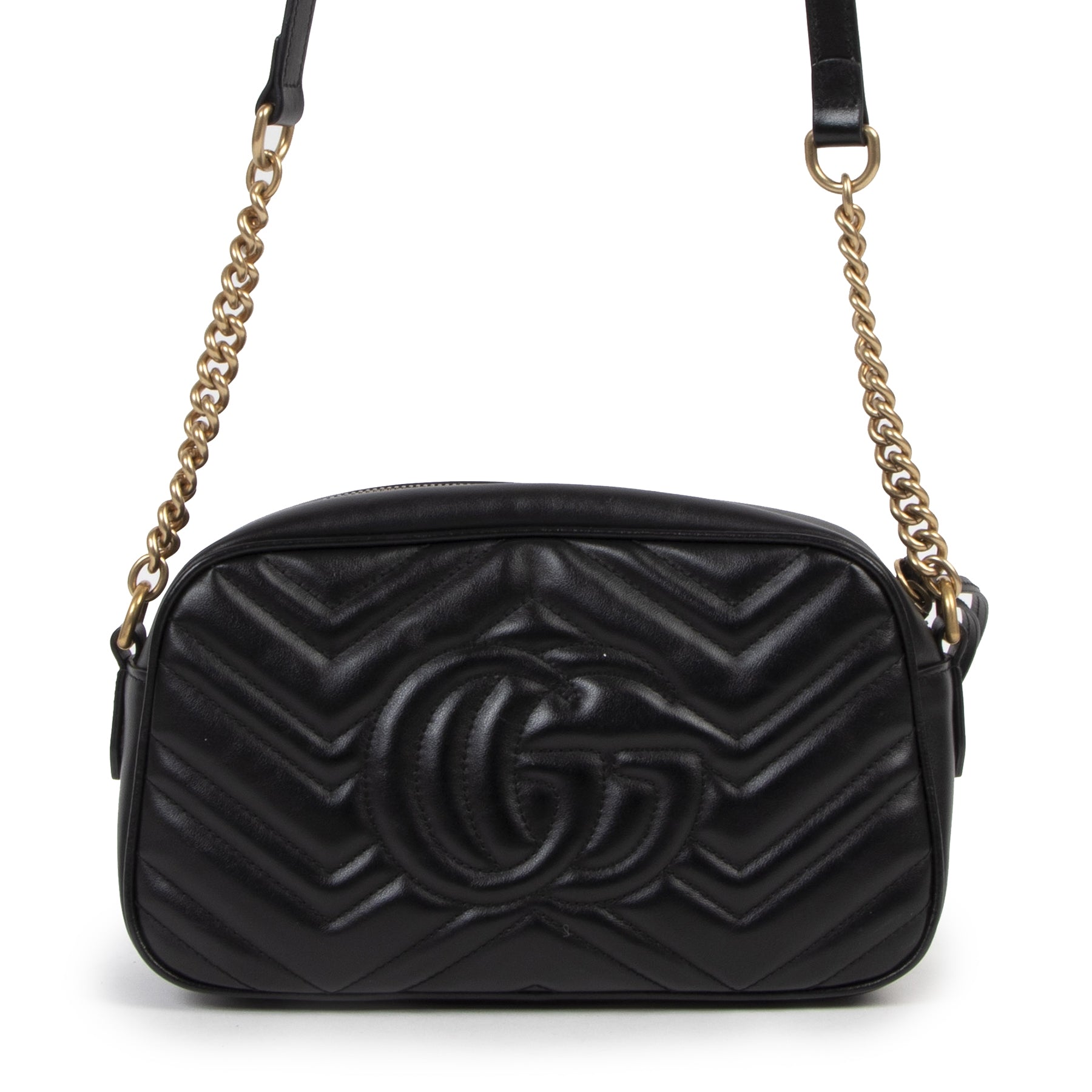Authentieke Tweedehands Gucci GG Marmont Small Matelassé Black Camera Shoulder Bag juiste prijs veilig online shoppen luxe merken webshop winkelen Antwerpen België mode fashion