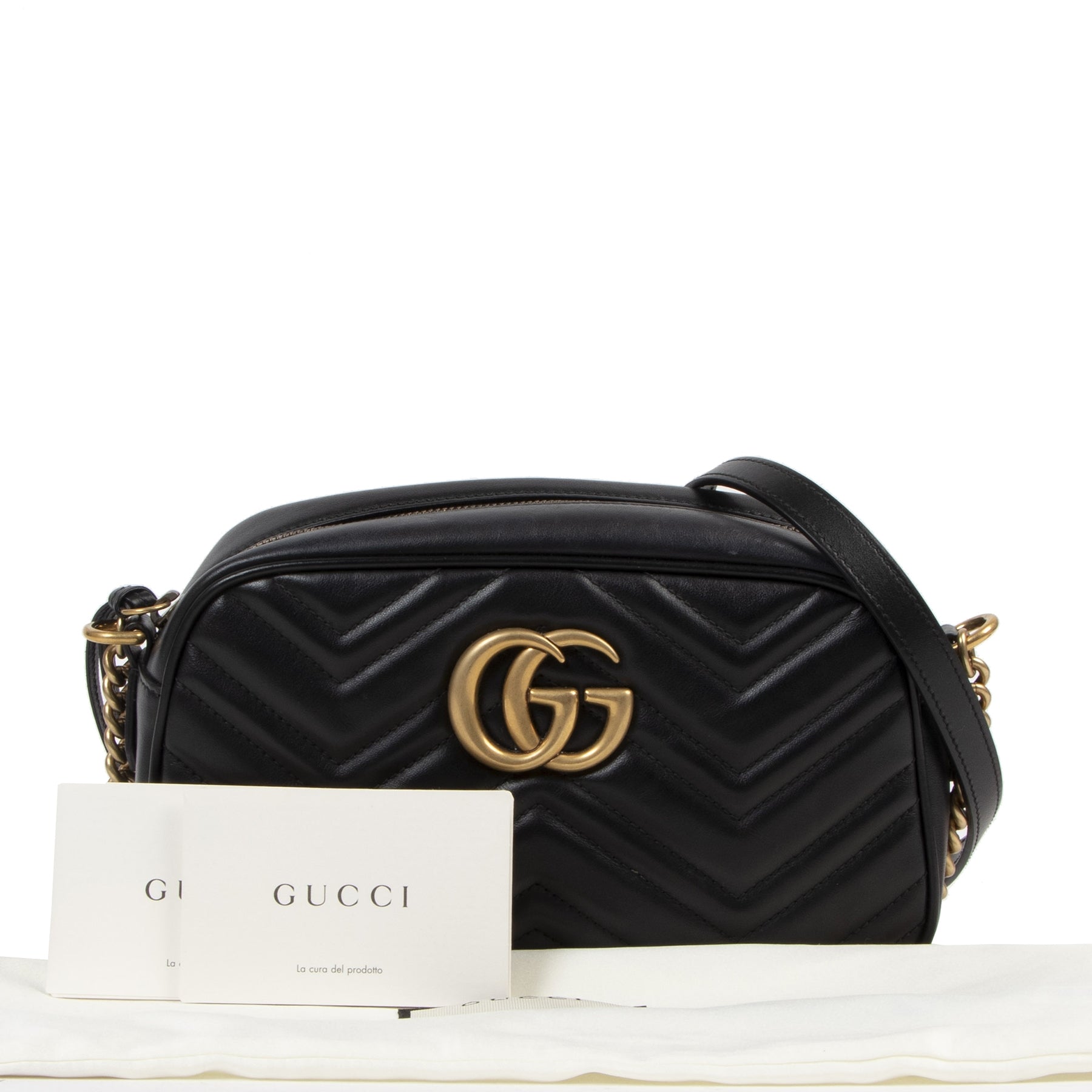 Authentieke Tweedehands Gucci GG Marmont Small Matelassé Black Camera Shoulder Bag juiste prijs veilig online shoppen luxe merken webshop winkelen Antwerpen België mode fashion