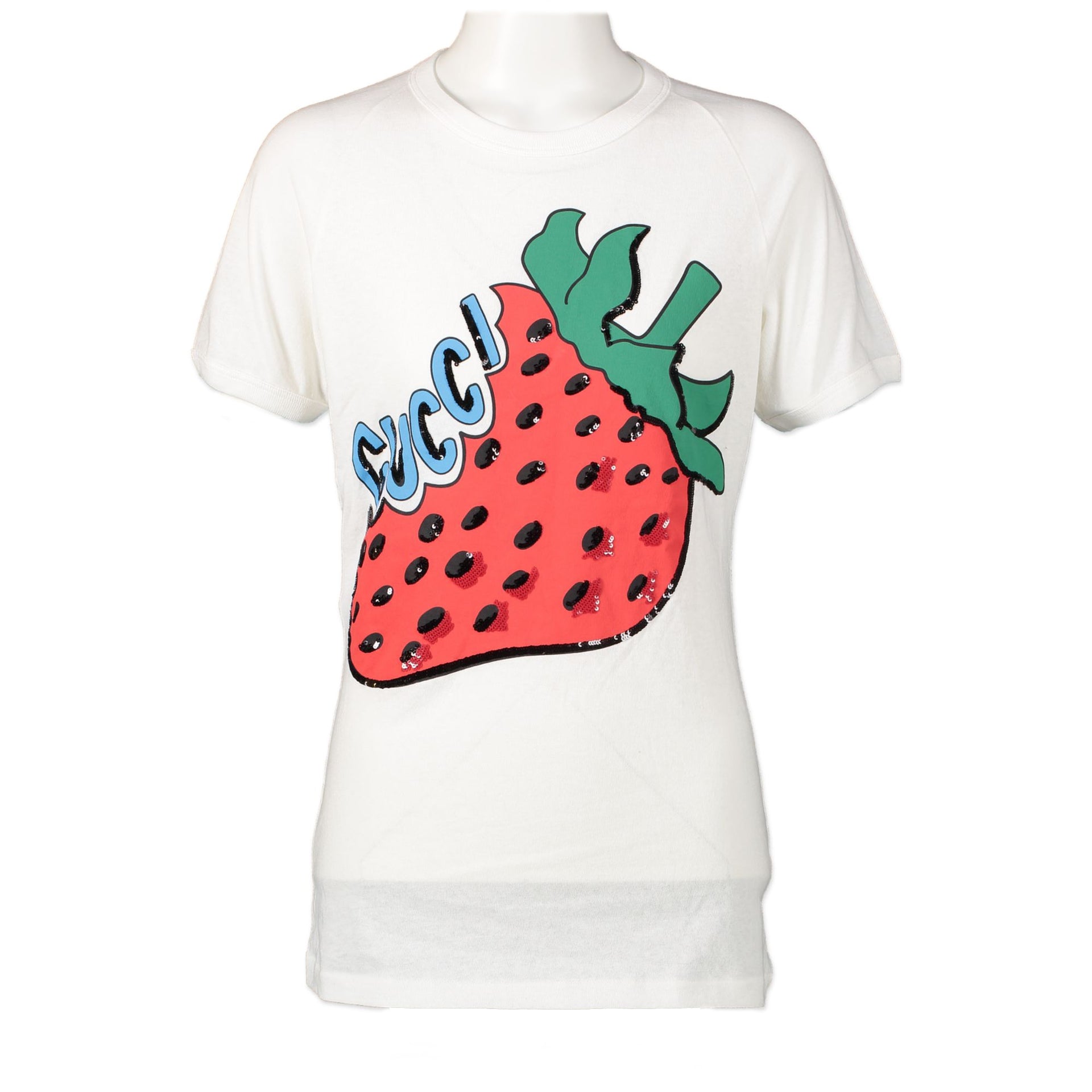 Gucci White Strawberry Sequin T-Shirt available for the best price at Labellov