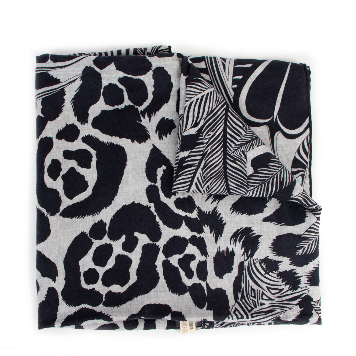 Hermès Black Cashmere Jaguar Quetzal 140 Shawl Gris Chine / Bleu Noir / Gris