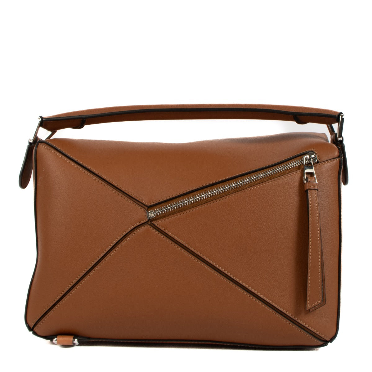 Authentic second hand Vintage designer brand new Loewe Tan Satin Calfskin Puzzle Bag at www.labellov.com