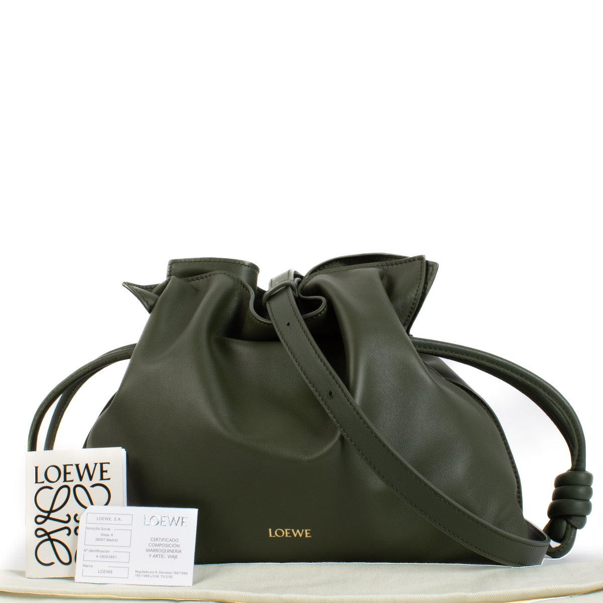 Shop safe online at Labellov in Antwerp and Knokke this 100% authentic second hand Loewe Vintage Khaki Flamenco Medium Clutch Bag