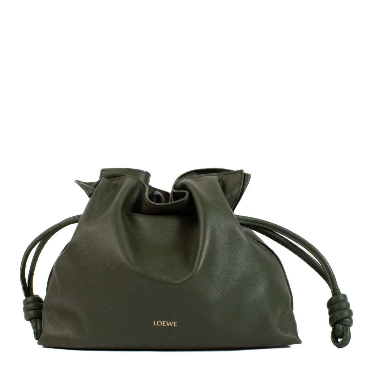 Shop safe online at Labellov in Antwerp and Knokke this 100% authentic second hand Loewe Vintage Khaki Flamenco Medium Clutch Bag