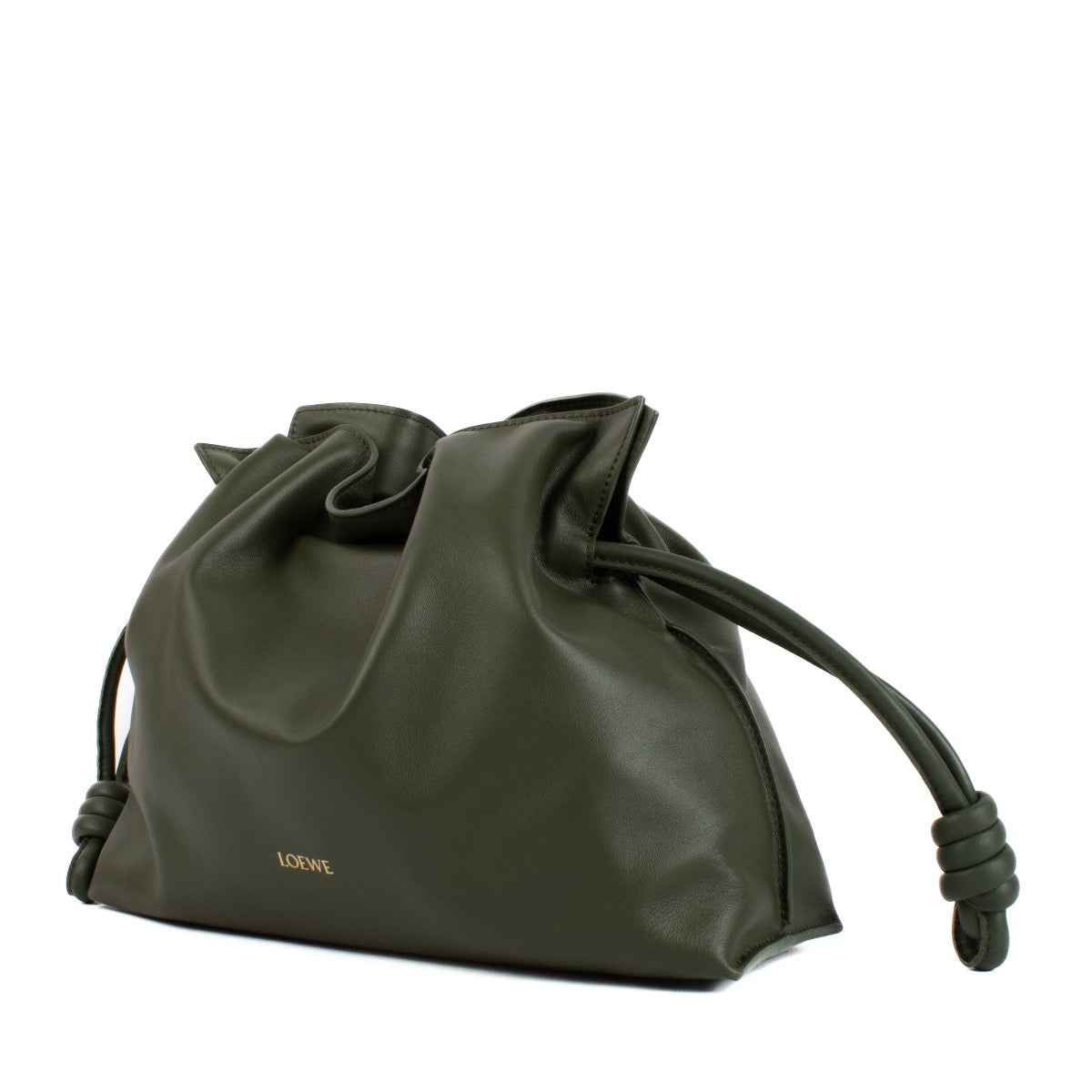 Shop safe online at Labellov in Antwerp and Knokke this 100% authentic second hand Loewe Vintage Khaki Flamenco Medium Clutch Bag
