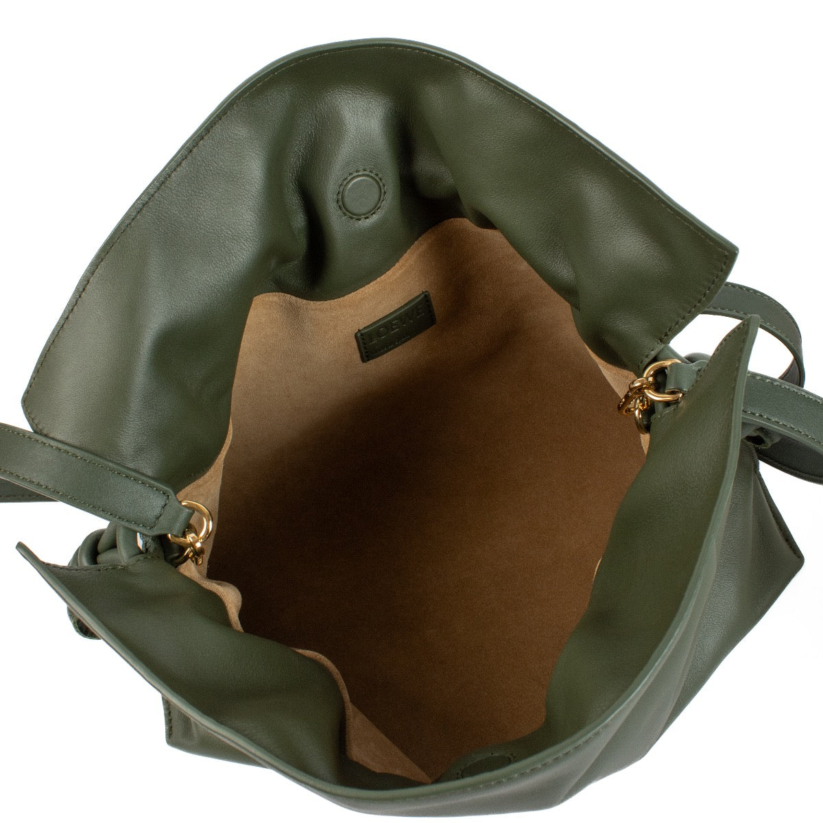 Shop safe online at Labellov in Antwerp and Knokke this 100% authentic second hand Loewe Vintage Khaki Flamenco Medium Clutch Bag