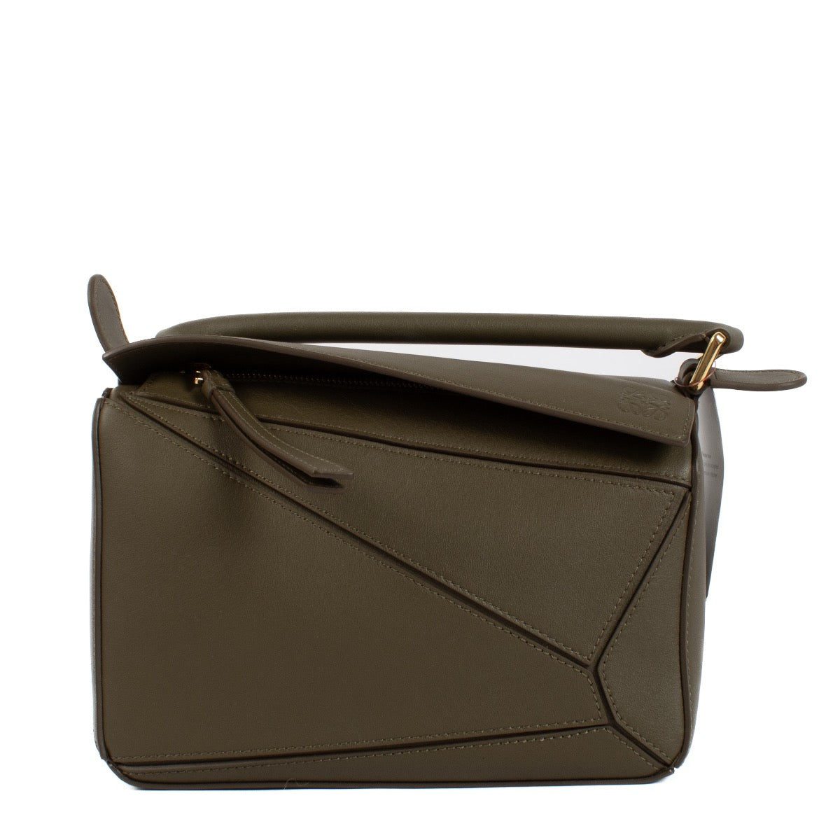 Shop safe online at Labellov in Antwerp and Knokke this 100% authentic second hand Loewe Khaki Calfskin Puzzle Edge Small Hand Bag