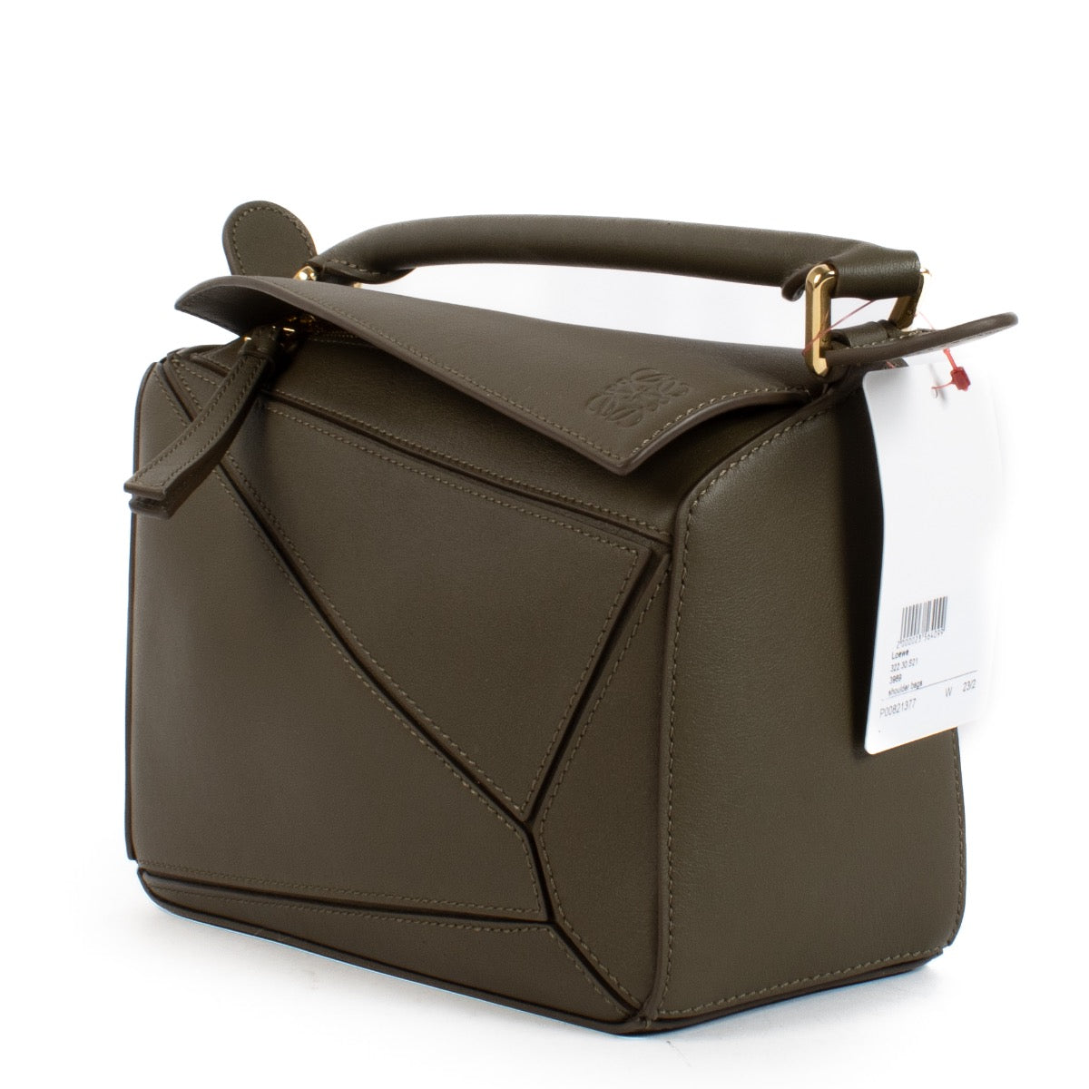 Shop safe online at Labellov in Antwerp and Knokke this 100% authentic second hand Loewe Khaki Calfskin Puzzle Edge Small Hand Bag