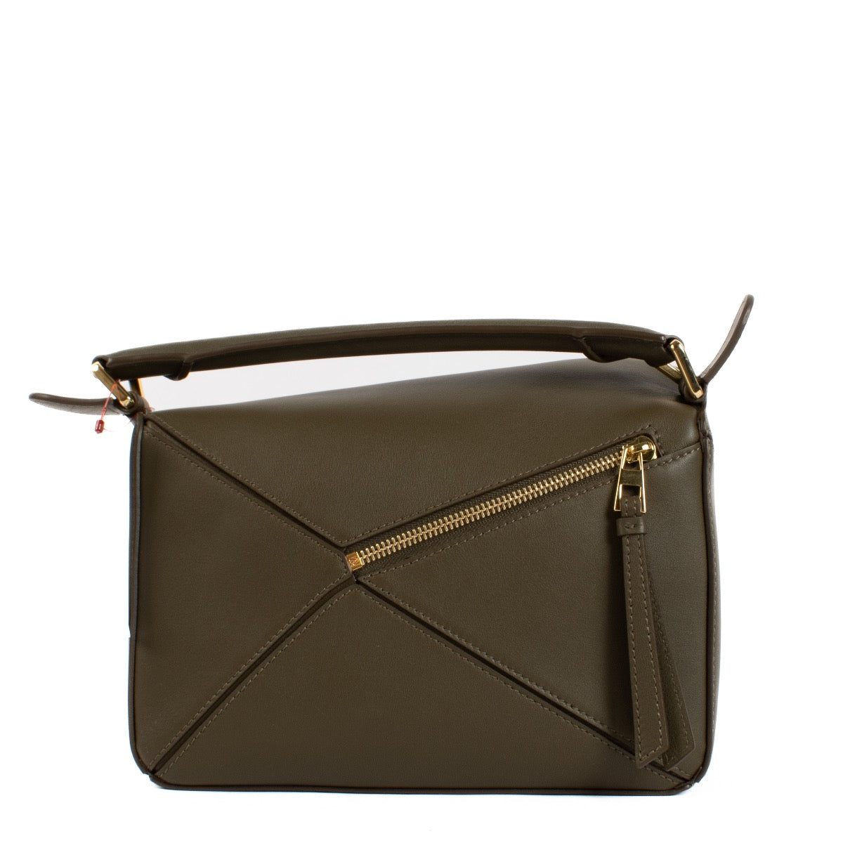Shop safe online at Labellov in Antwerp and Knokke this 100% authentic second hand Loewe Khaki Calfskin Puzzle Edge Small Hand Bag