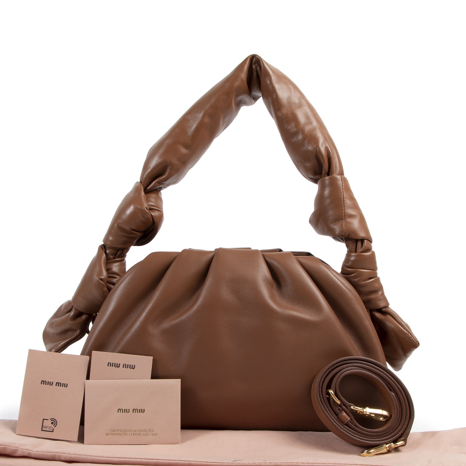we buy and sell your authentic designer Miu Miu Cognac Soft Nappa Leather Shoulder Bag