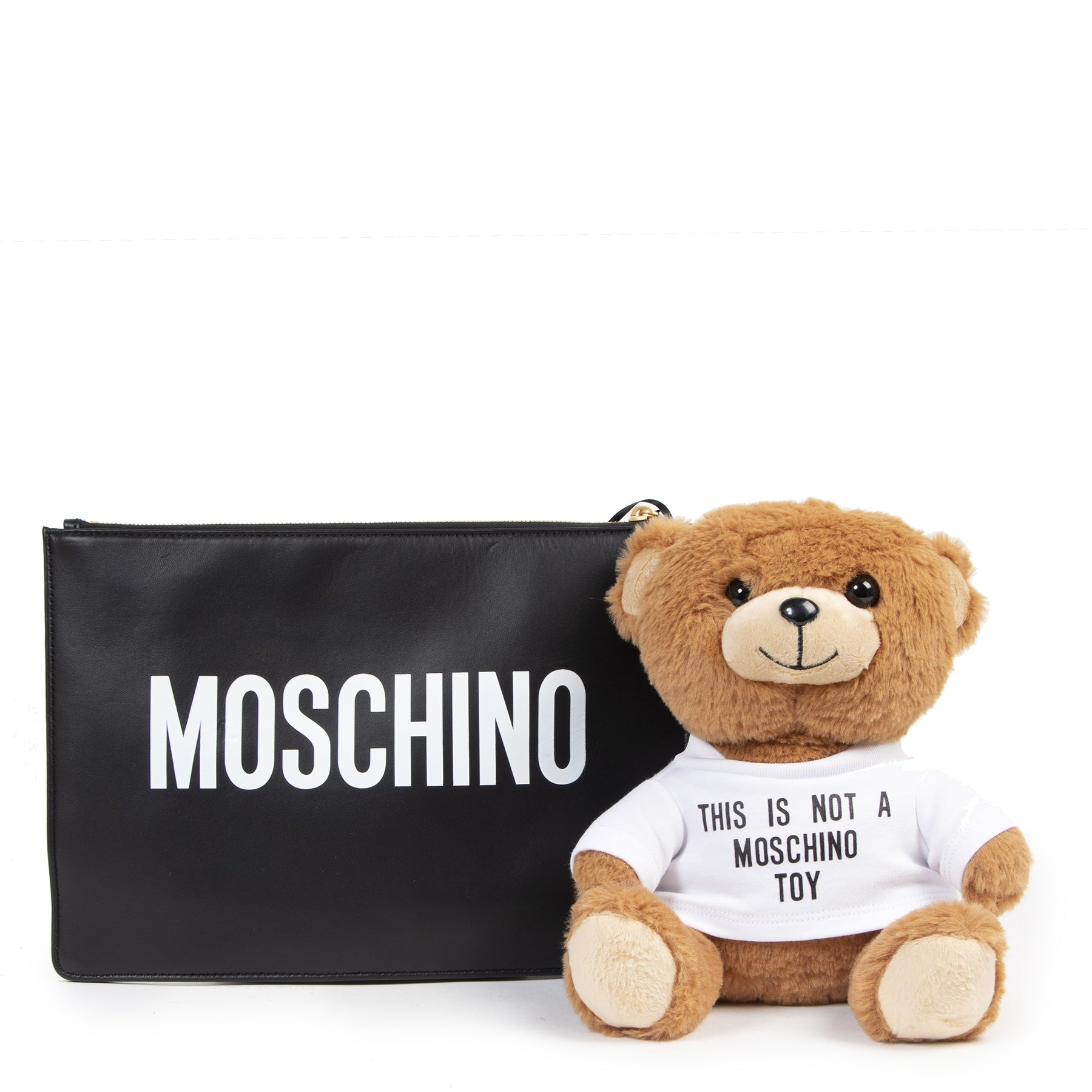Authentic secondhand Moschino Black Leather Clutch with Teddy Bag designer bags luxury vintage webshop safe secure online shopping