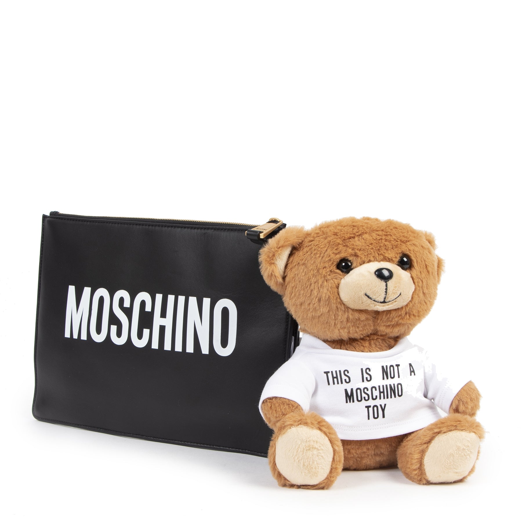 Authentieke Tweedehands Moschino Black Leather Clutch with Teddy Bag juiste prijs veilig online shoppen luxe merken webshop winkelen Antwerpen België mode fashion