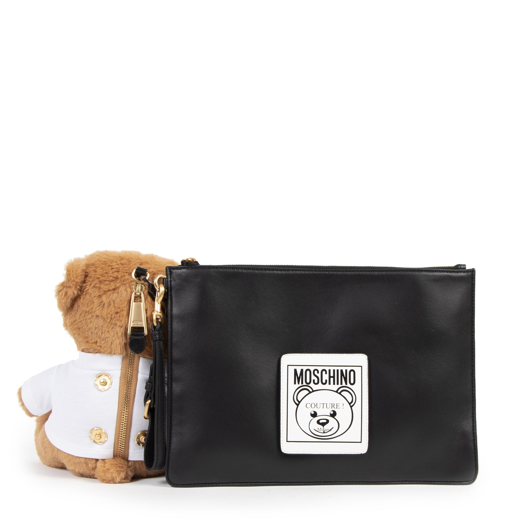 Authentic secondhand Moschino Black Leather Clutch with Teddy Bag designer bags luxury vintage webshop safe secure online shopping